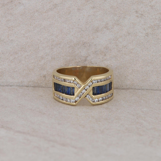 14k Yellow Gold Criss Cross Diamond and Sapphire Band