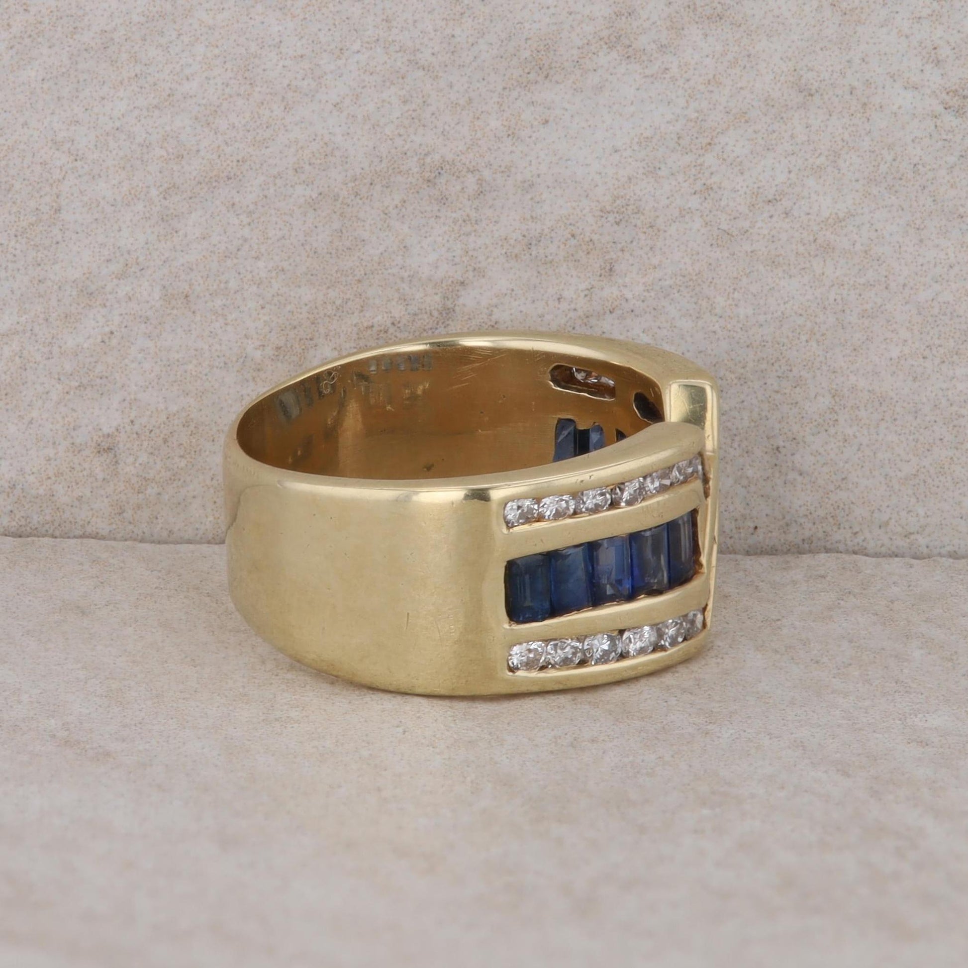 14k Yellow Gold Criss Cross Diamond and Sapphire Band