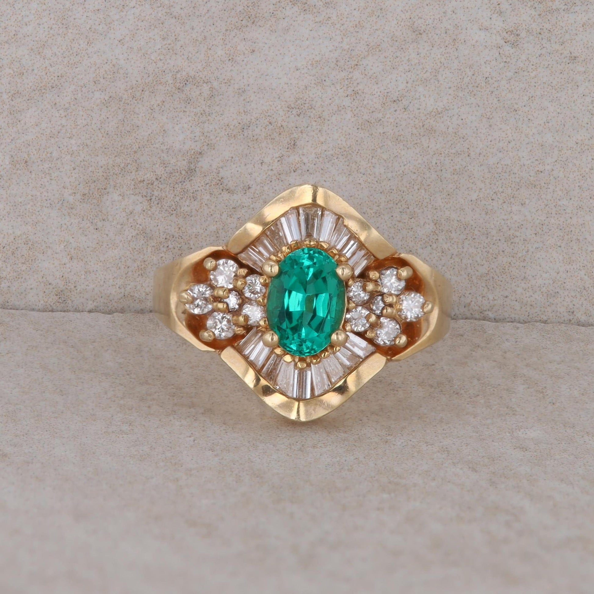 14k Yellow Gold Lab Grown Oval Emerald Round and Baguette Diamond Ring