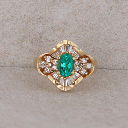 14k Yellow Gold Lab Grown Oval Emerald Round and Baguette Diamond Ring