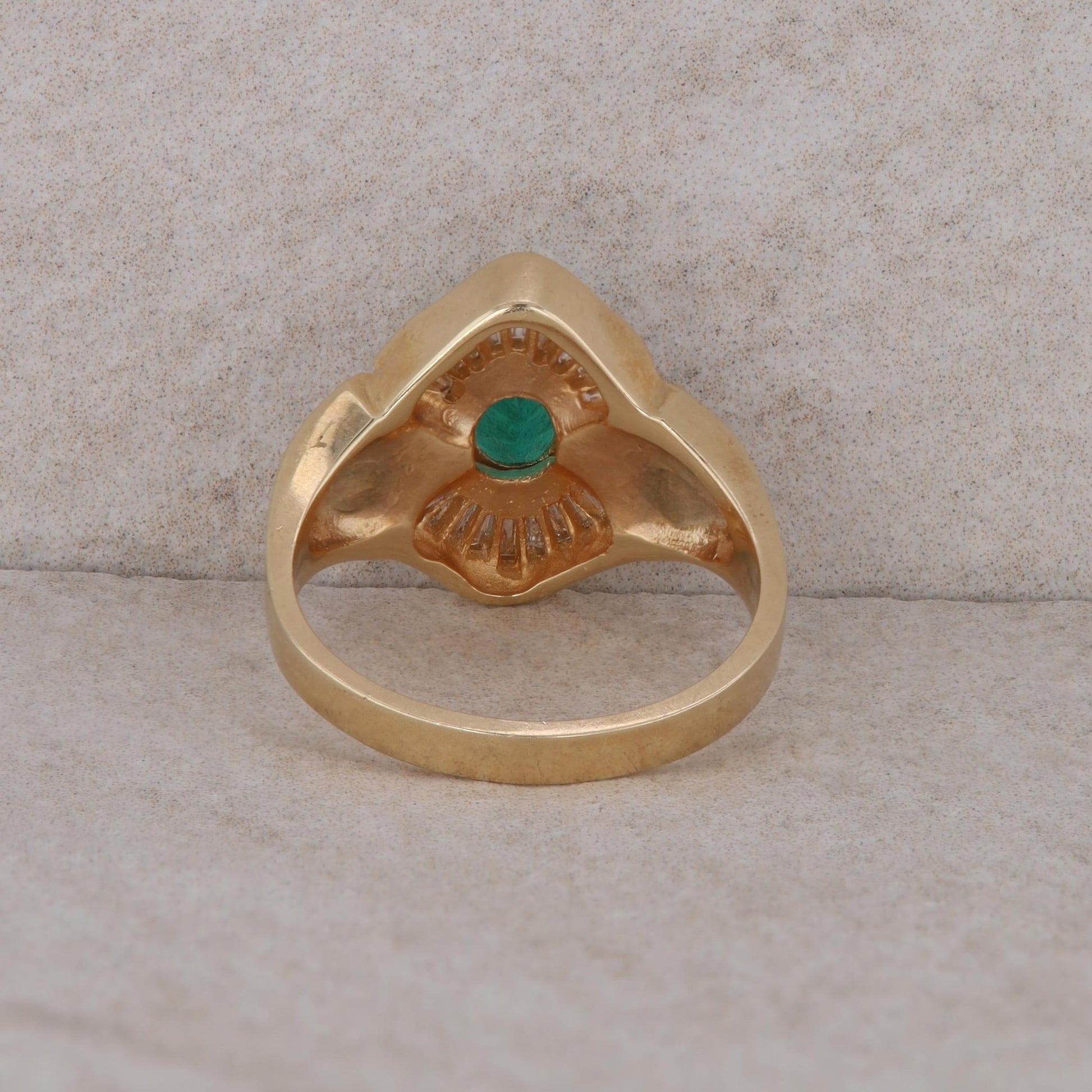 14k Yellow Gold Lab Grown Oval Emerald Round and Baguette Diamond Ring