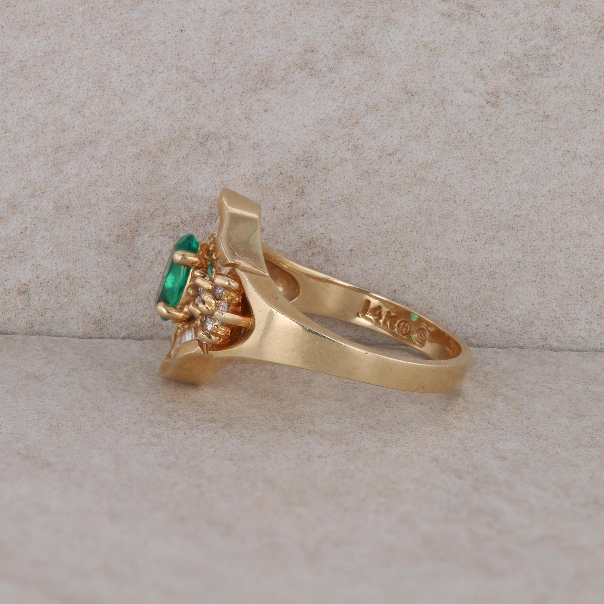 14k Yellow Gold Lab Grown Oval Emerald Round and Baguette Diamond Ring