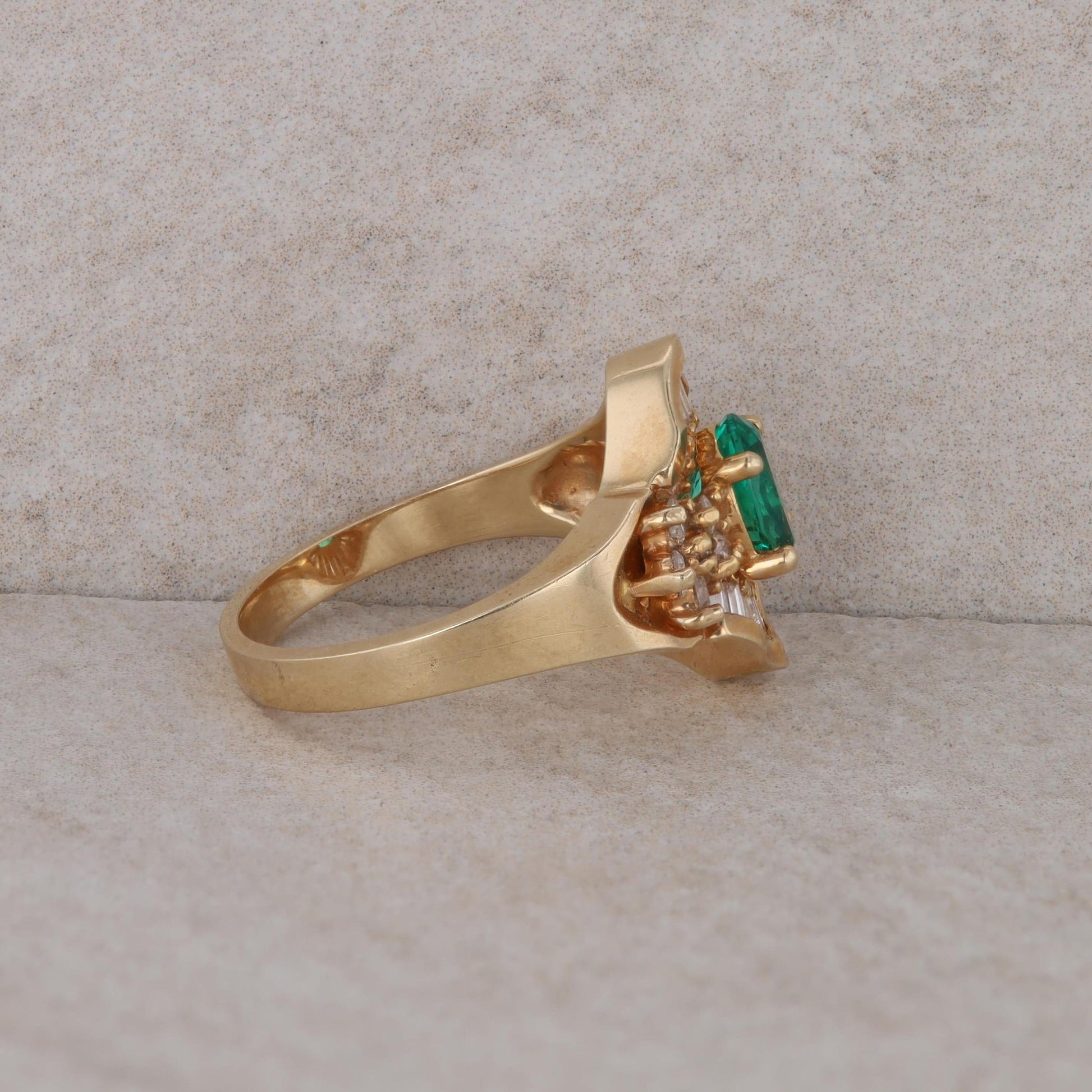 14k Yellow Gold Lab Grown Oval Emerald Round and Baguette Diamond Ring