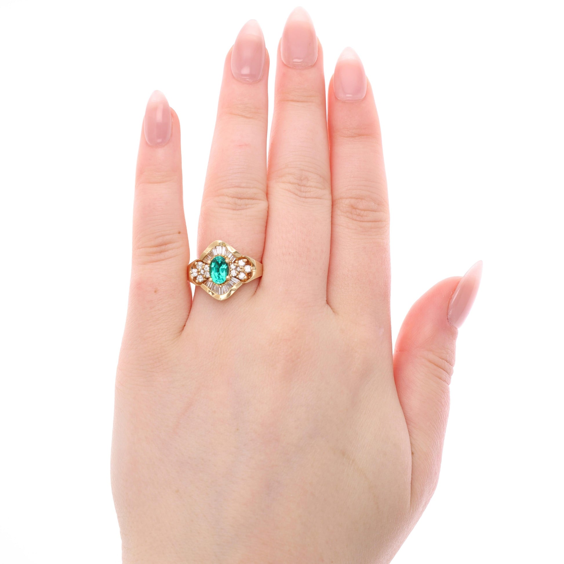 14k Yellow Gold Lab Grown Oval Emerald Round and Baguette Diamond Ring