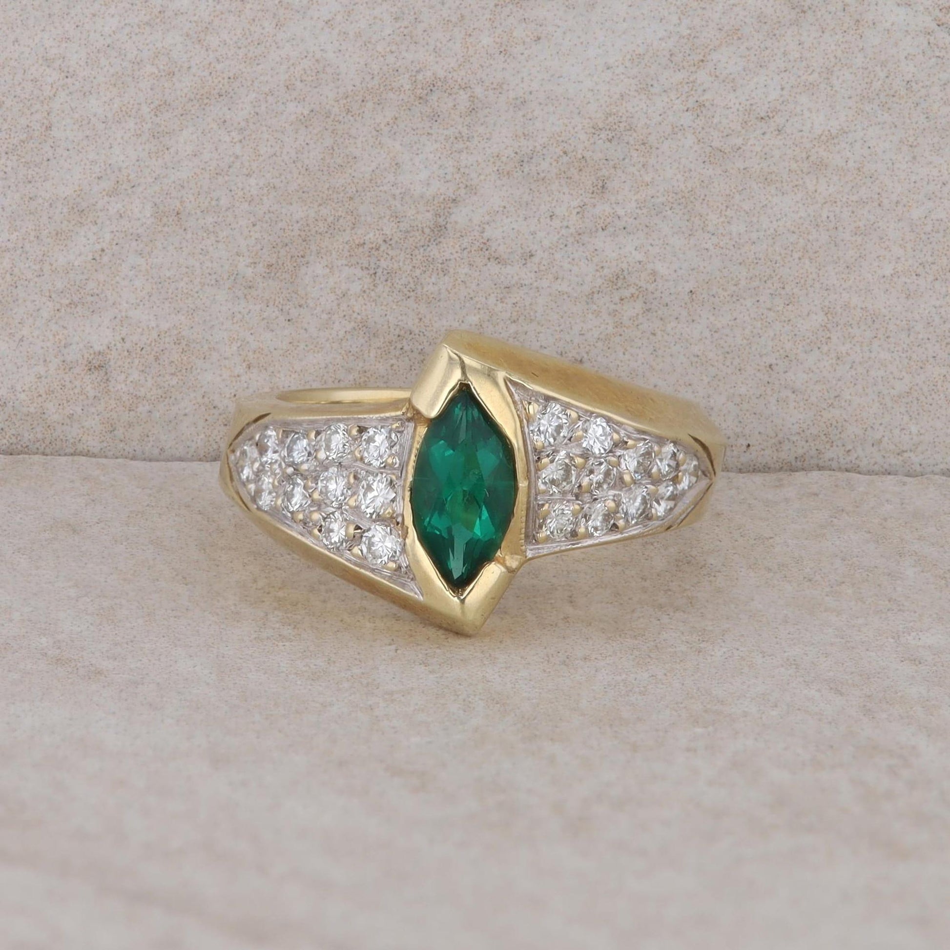 14k Yellow Gold Marquise Lab Grown Emerald and Diamond Ring