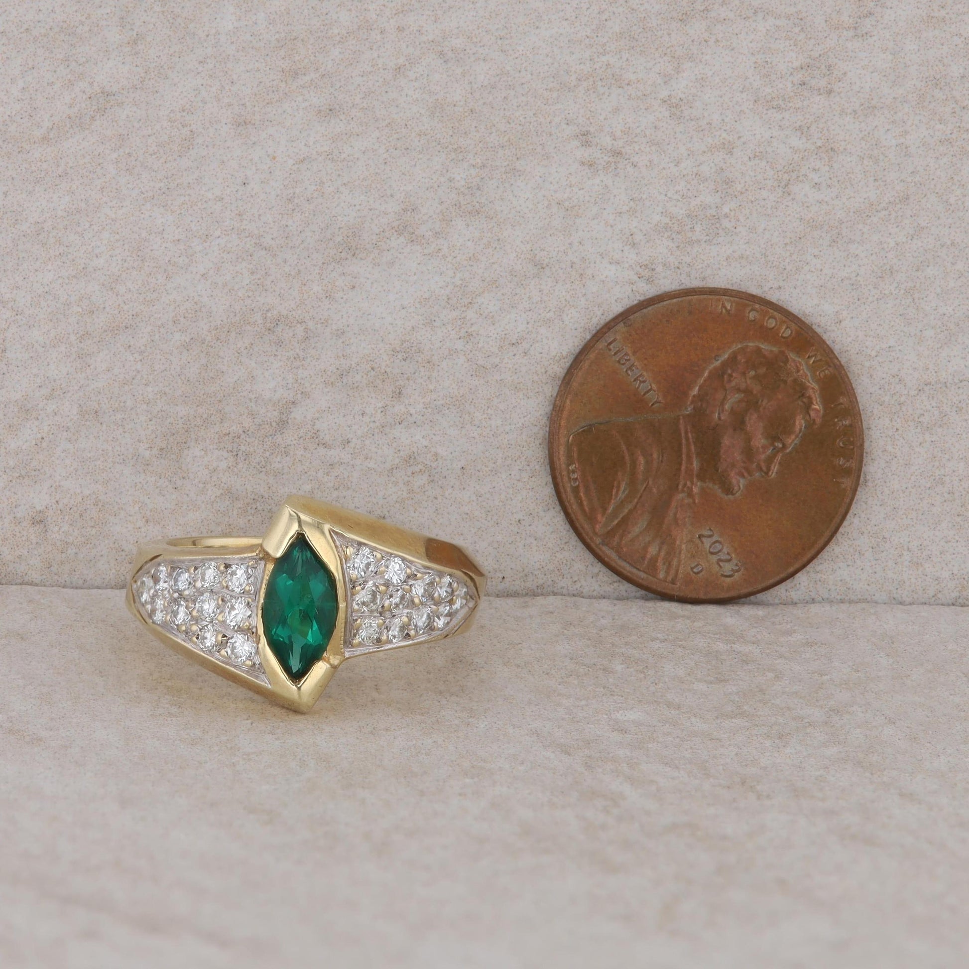 14k Yellow Gold Marquise Lab Grown Emerald and Diamond Ring