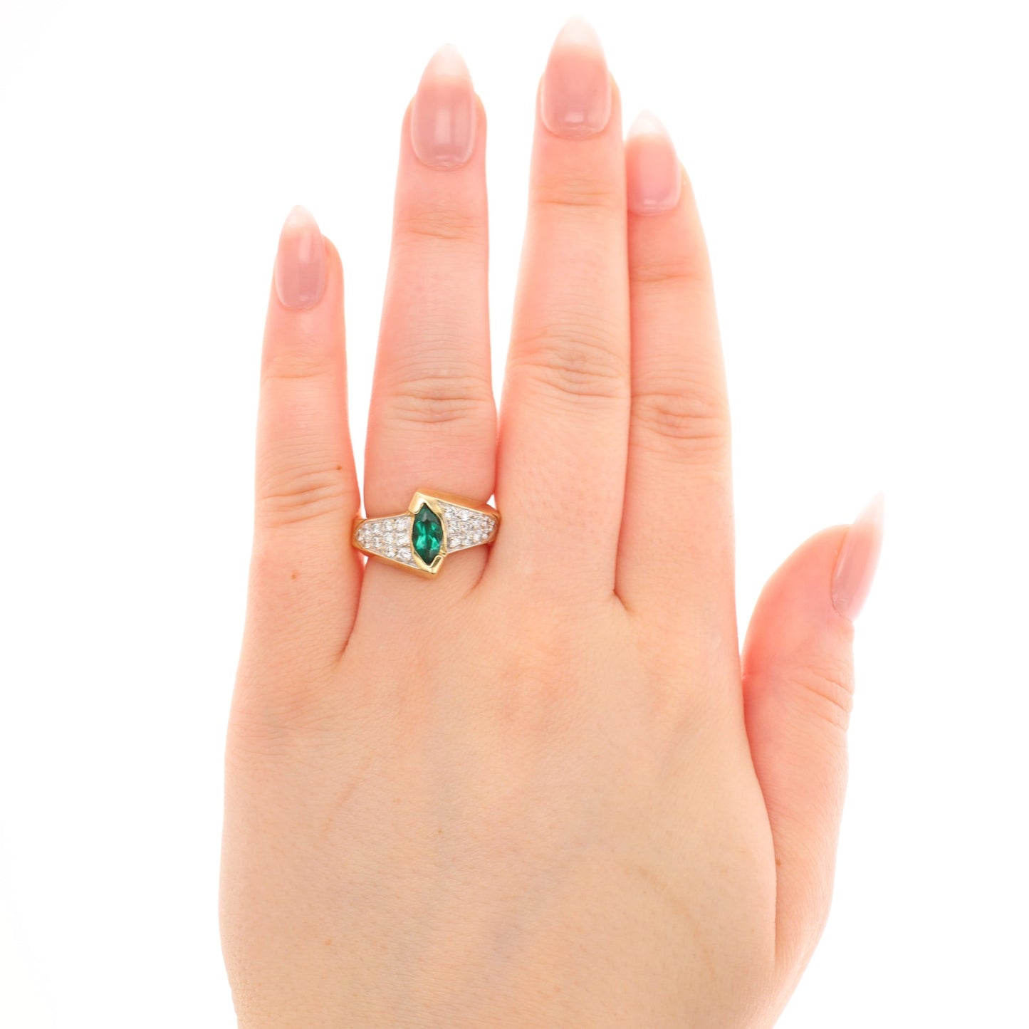 14k Yellow Gold Marquise Lab Grown Emerald and Diamond Ring