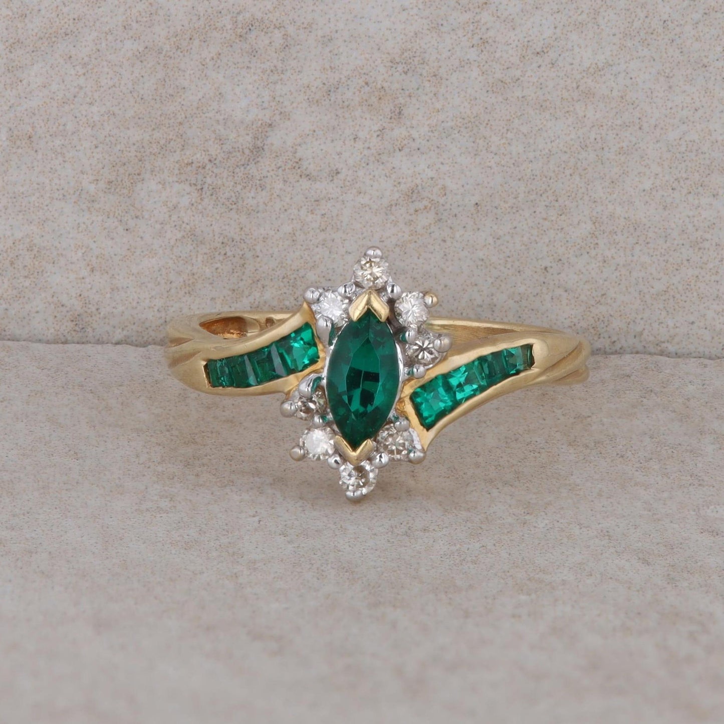 14k Yellow Gold Lab Grown Emerald Marquise and Diamond Ring