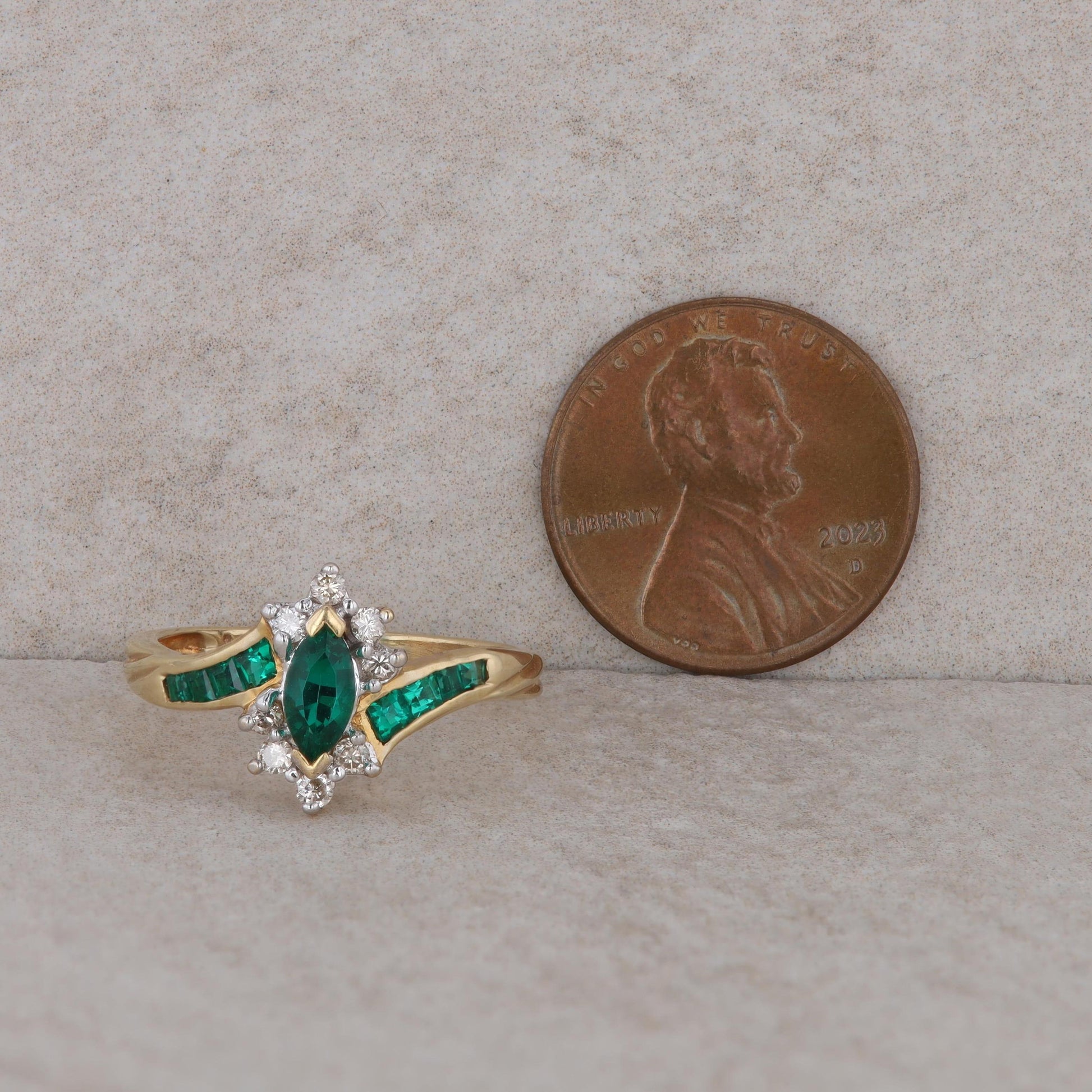 14k Yellow Gold Lab Grown Emerald Marquise and Diamond Ring