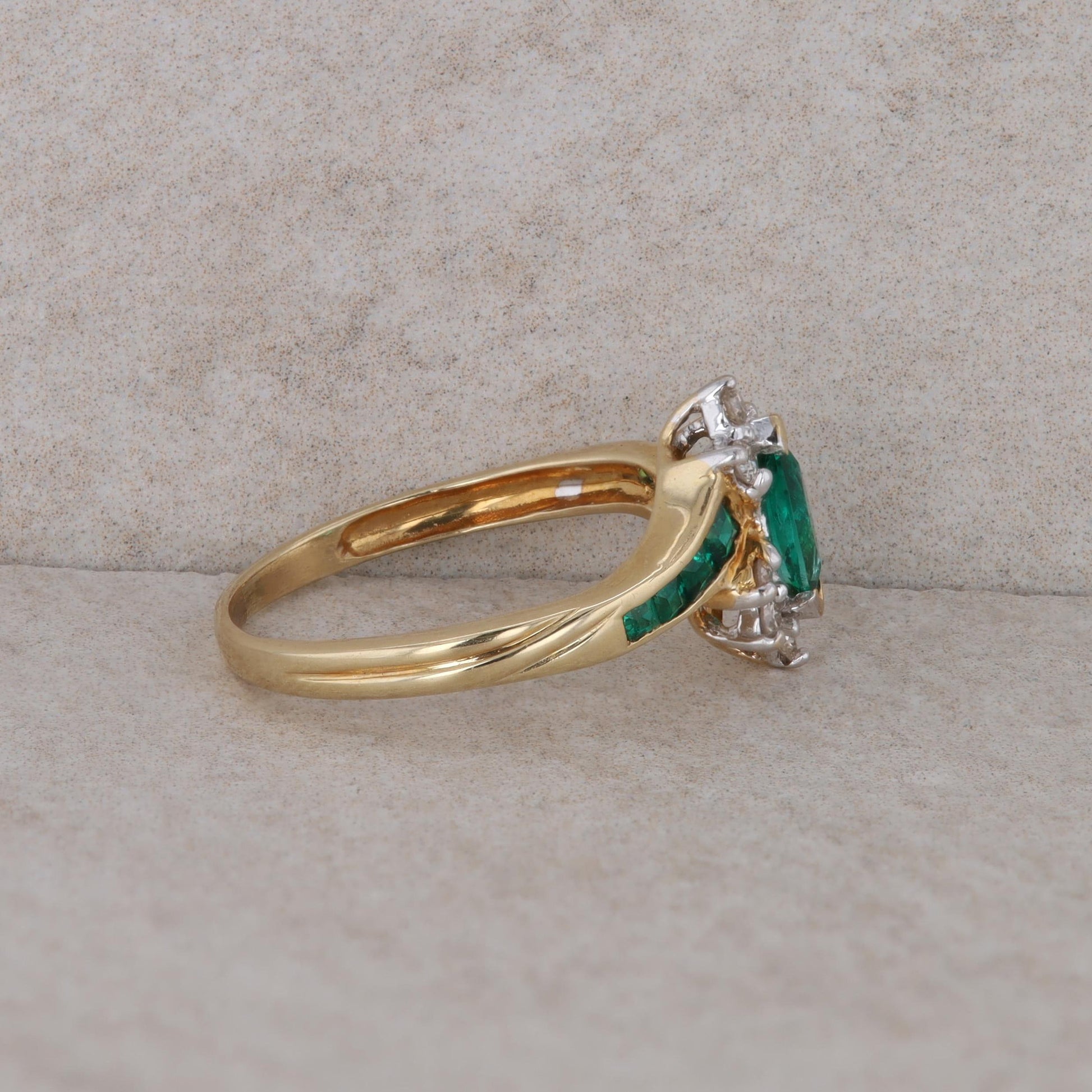 14k Yellow Gold Lab Grown Emerald Marquise and Diamond Ring