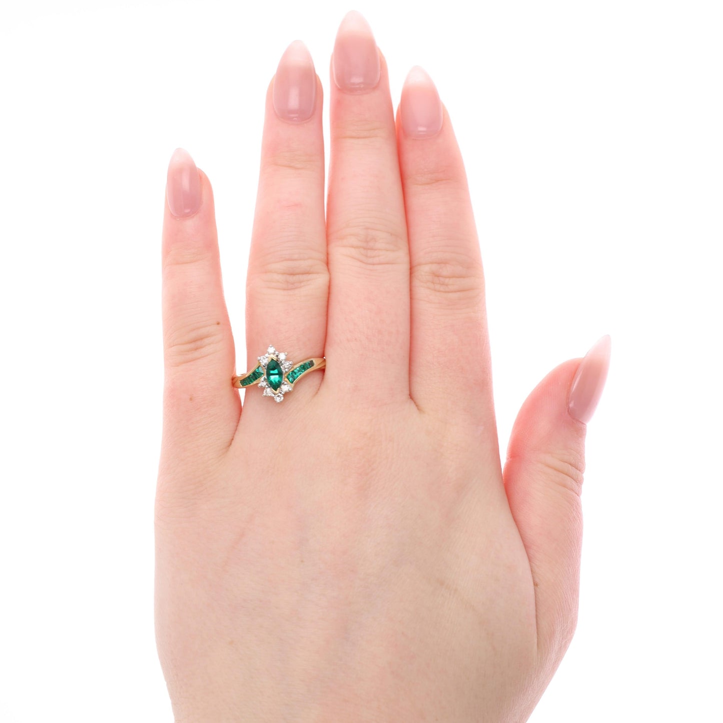 14k Yellow Gold Lab Grown Emerald Marquise and Diamond Ring