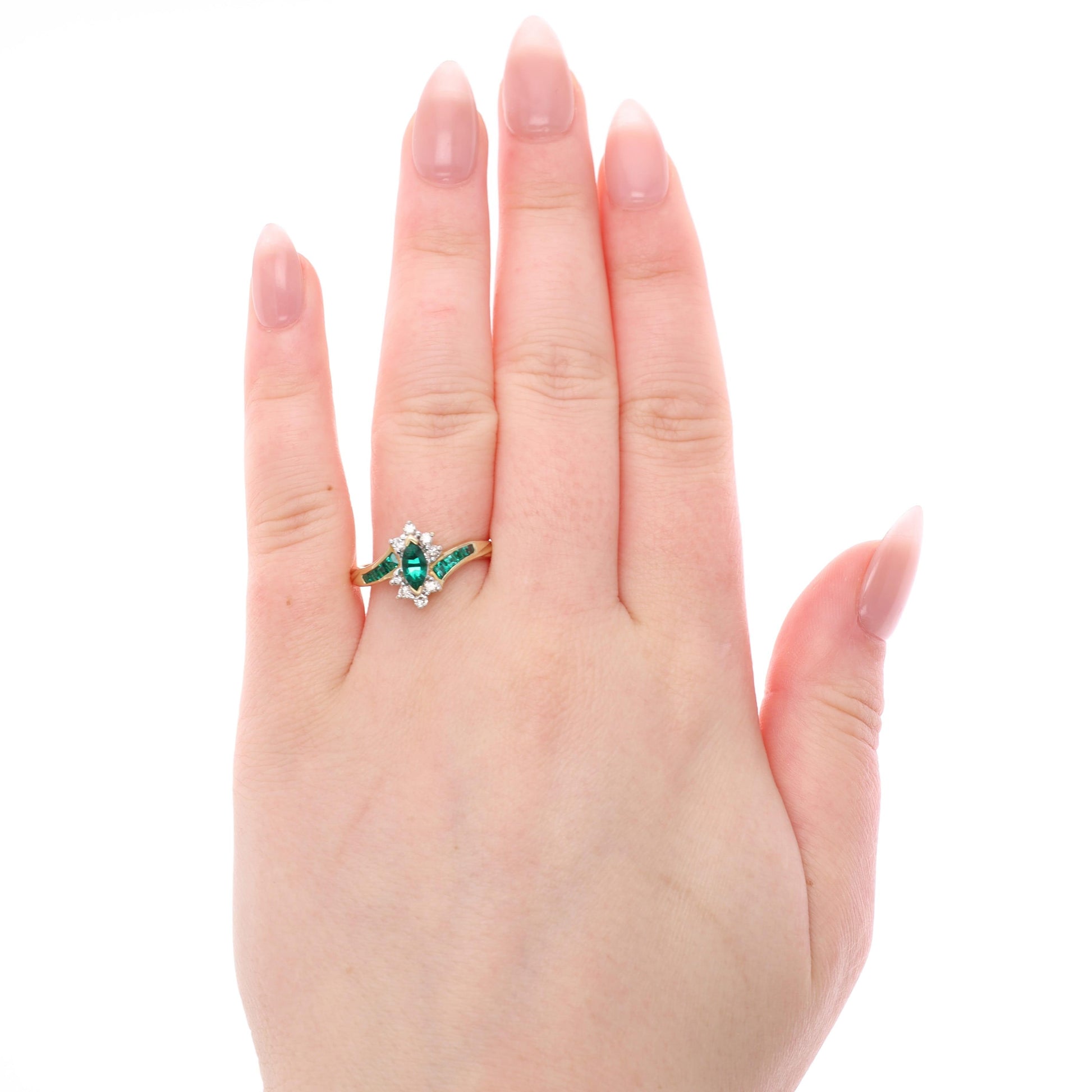 14k Yellow Gold Lab Grown Emerald Marquise and Diamond Ring