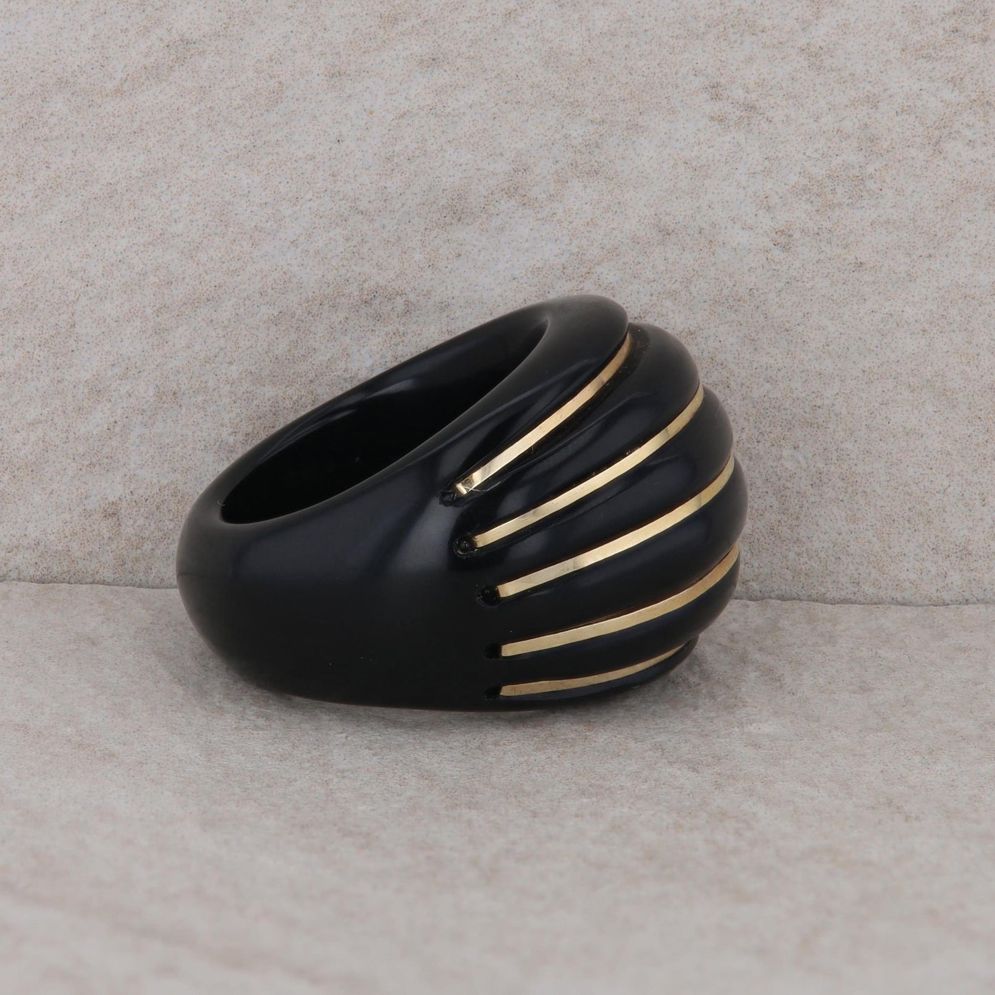 14k Yellow Gold Inlay Black Onyx Milor Italy Domed Ring