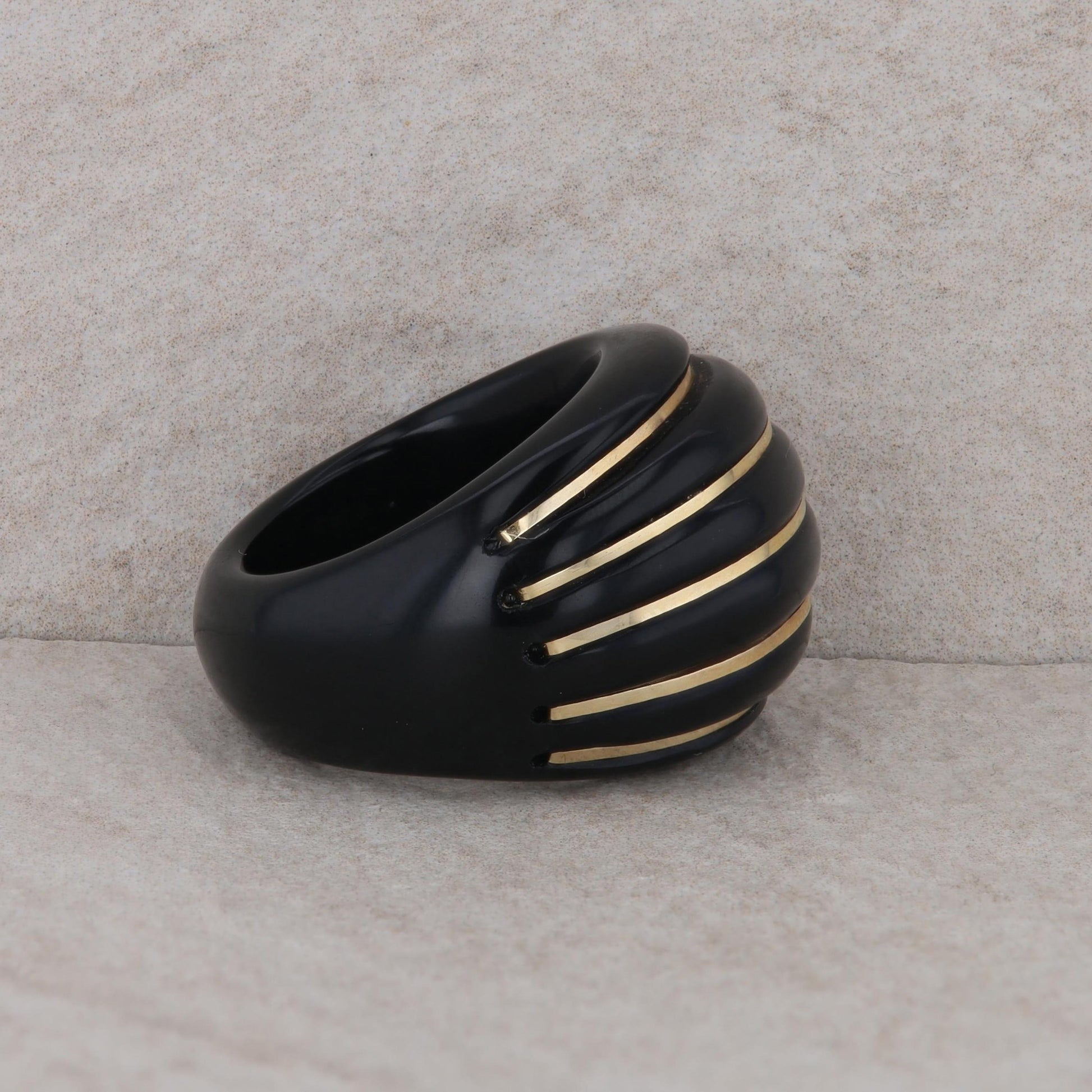 14k Yellow Gold Inlay Black Onyx Milor Italy Domed Ring