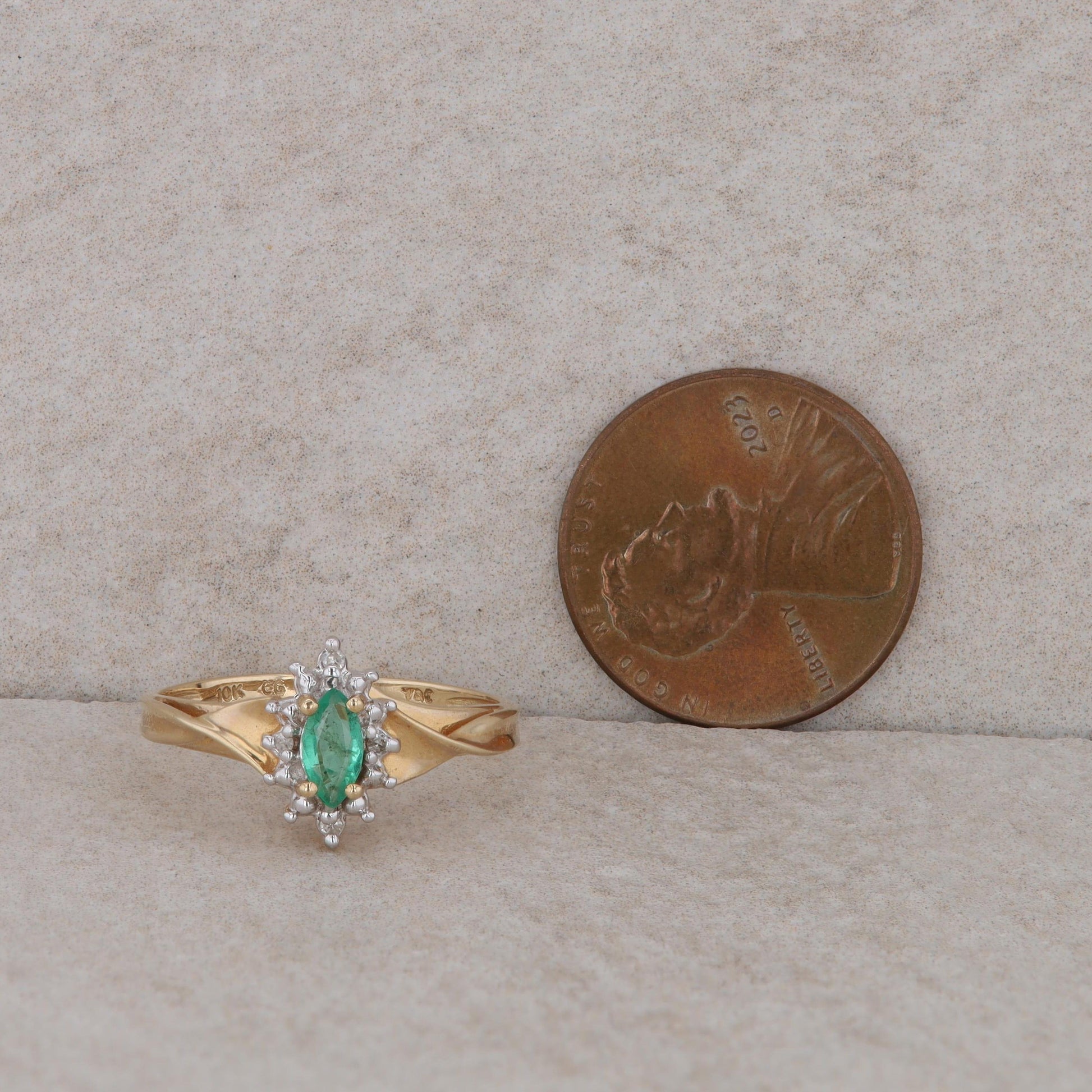 10k Yellow Gold Emerald and Diamond Halo Ring