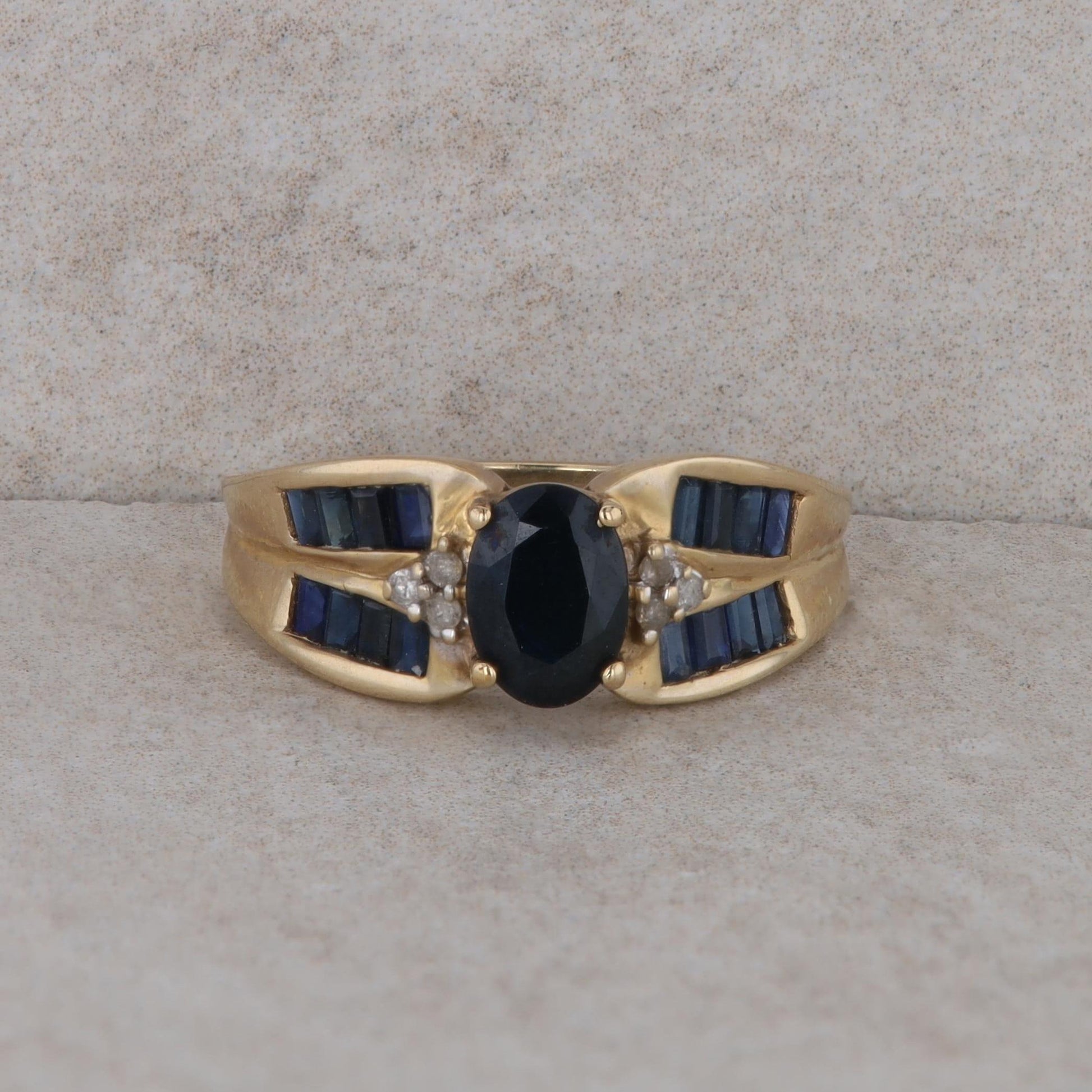 14k Yellow Gold Sapphire Oval and Baguette Ring with Diamonds