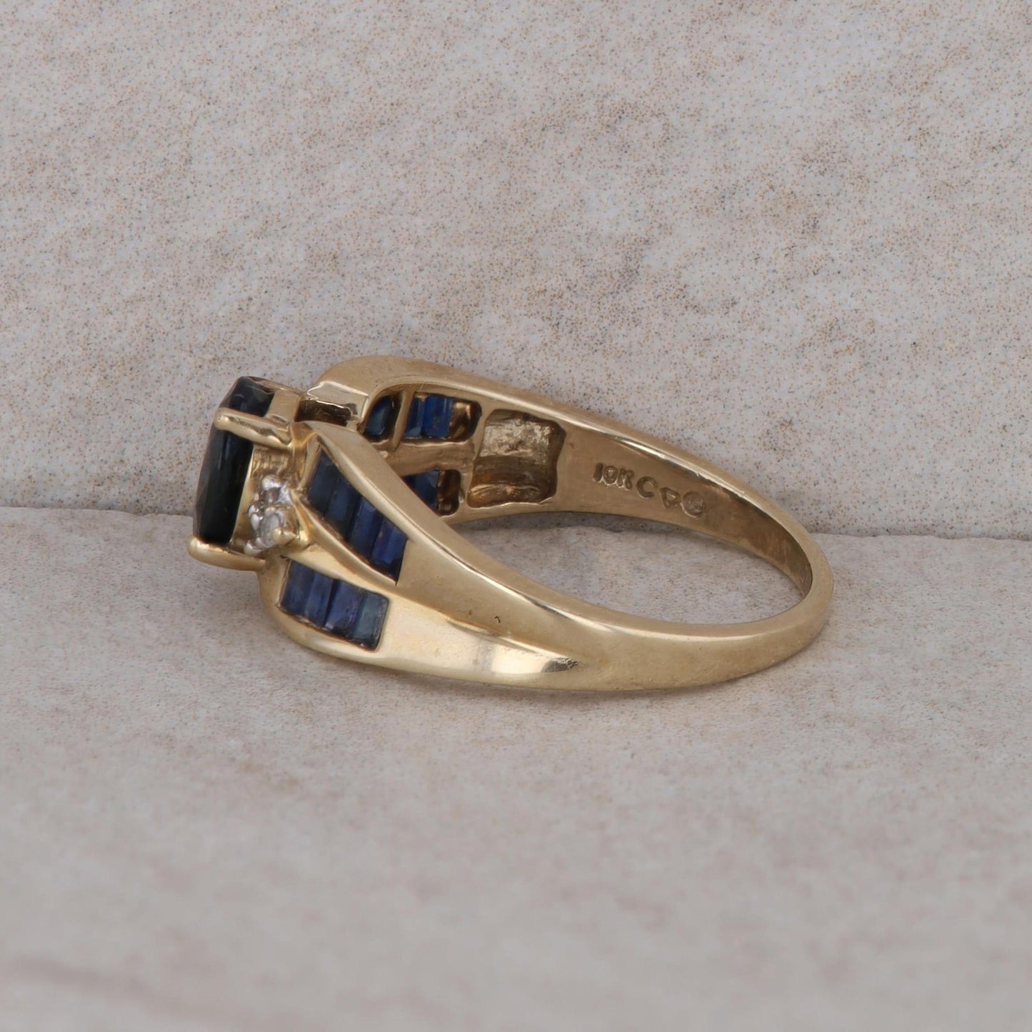 14k Yellow Gold Sapphire Oval and Baguette Ring with Diamonds