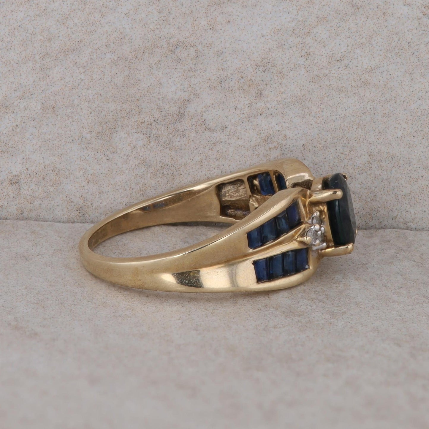 14k Yellow Gold Sapphire Oval and Baguette Ring with Diamonds