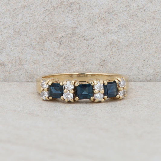 14k Yellow Gold Princess Cut Sapphires and Round Diamond Ring