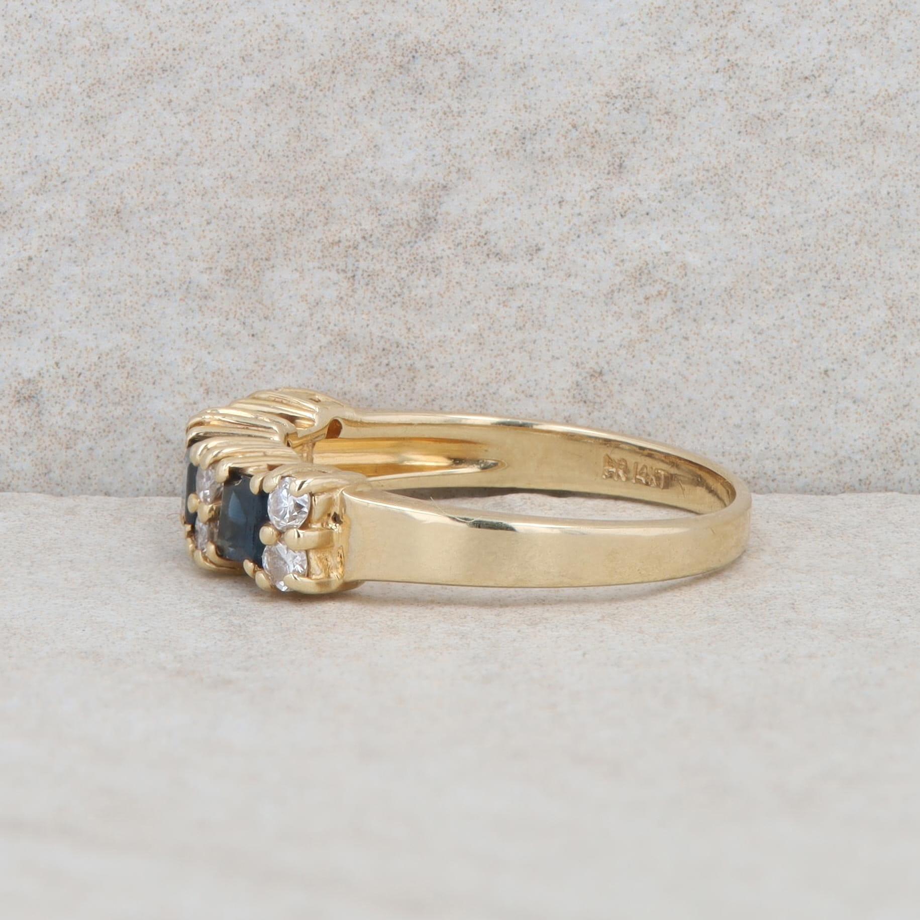 14k Yellow Gold Princess Cut Sapphires and Round Diamond Ring