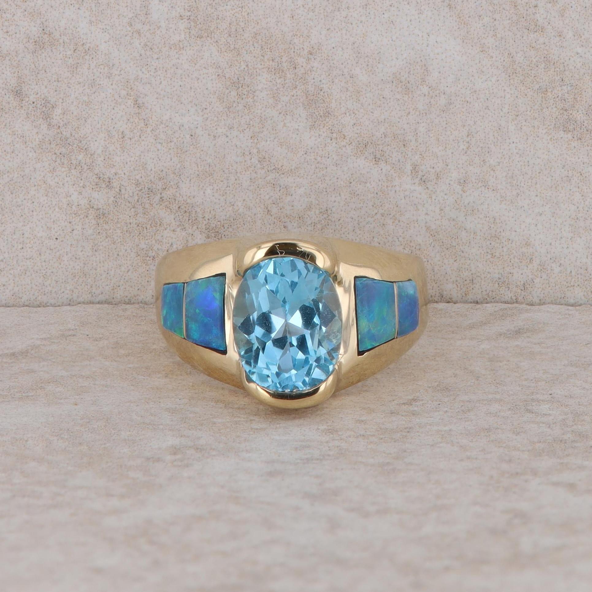 14k Yellow Gold Blue Topaz and Opal Fashion Ring