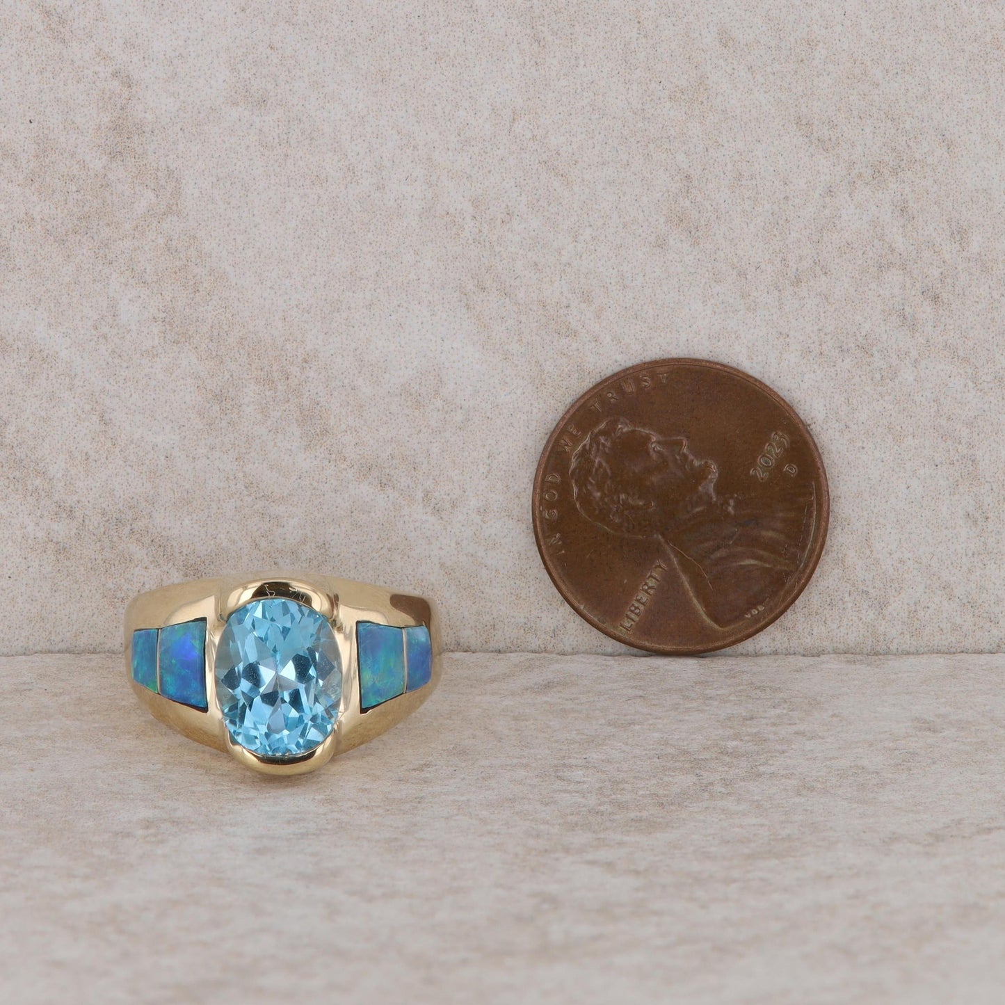 14k Yellow Gold Blue Topaz and Opal Fashion Ring