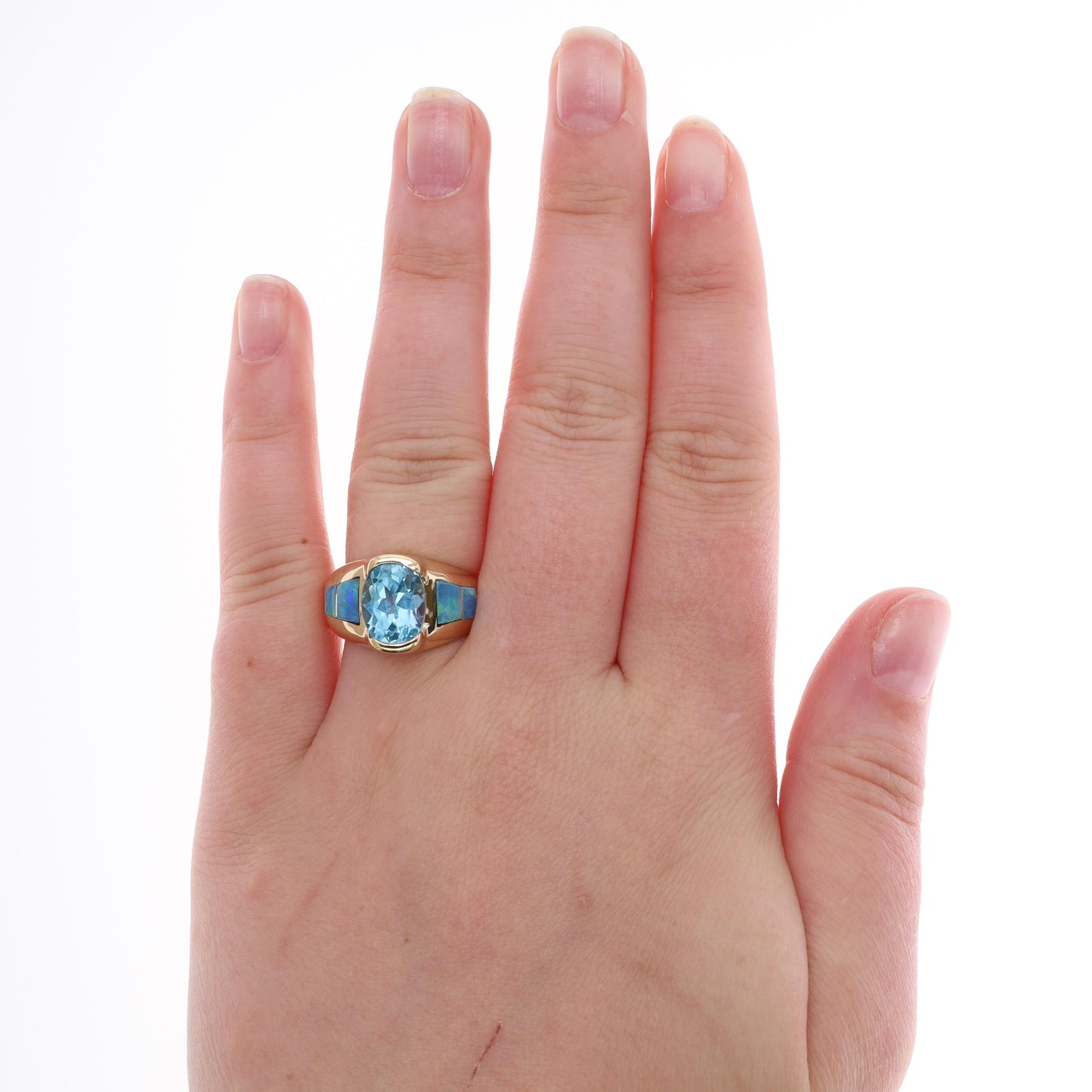 14k Yellow Gold Blue Topaz and Opal Fashion Ring