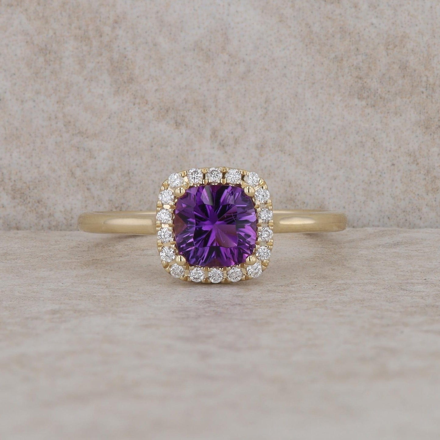 14k Yellow Gold Amethyst and Diamond Halo Ring