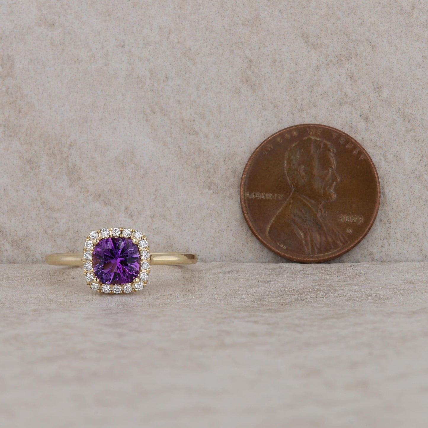 14k Yellow Gold Amethyst and Diamond Halo Ring