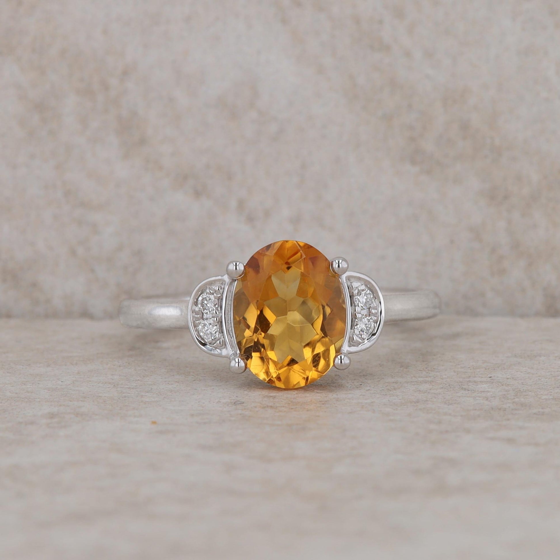 14k White Gold Oval Citrine and Diamond Ring