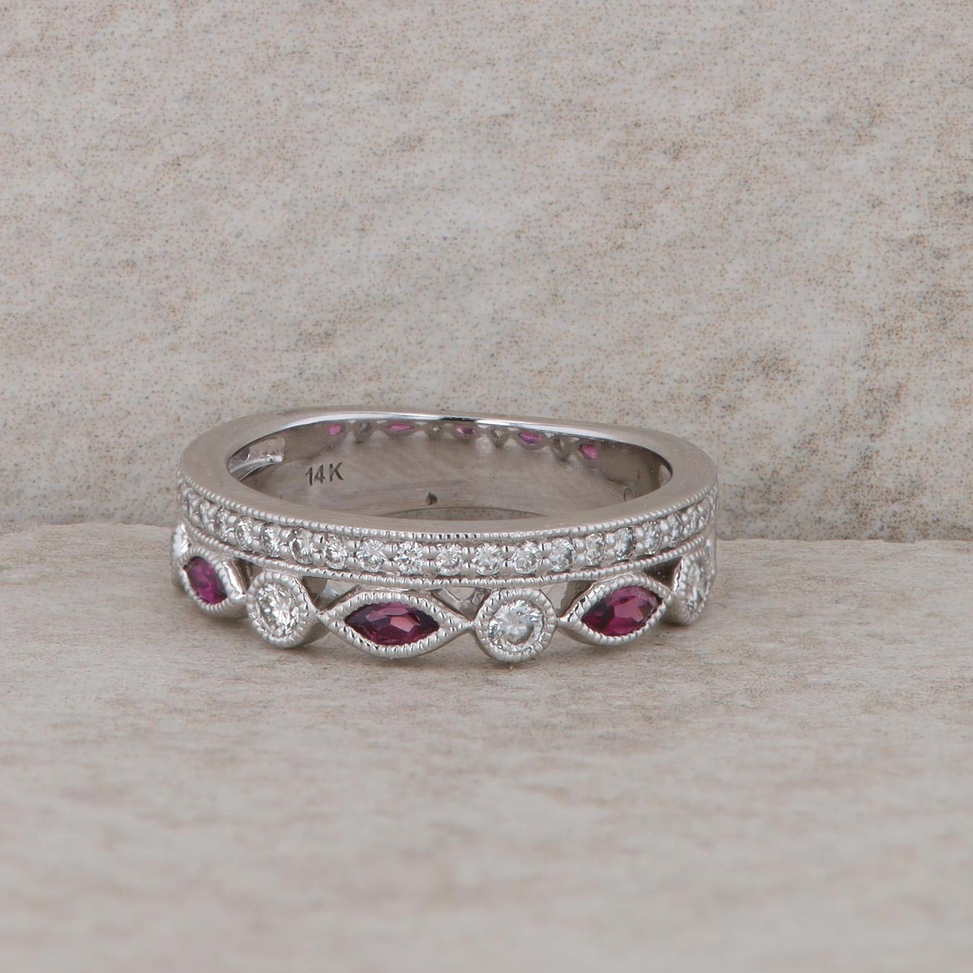 14k White Gold Diamond and Garnet Stackable Look Band