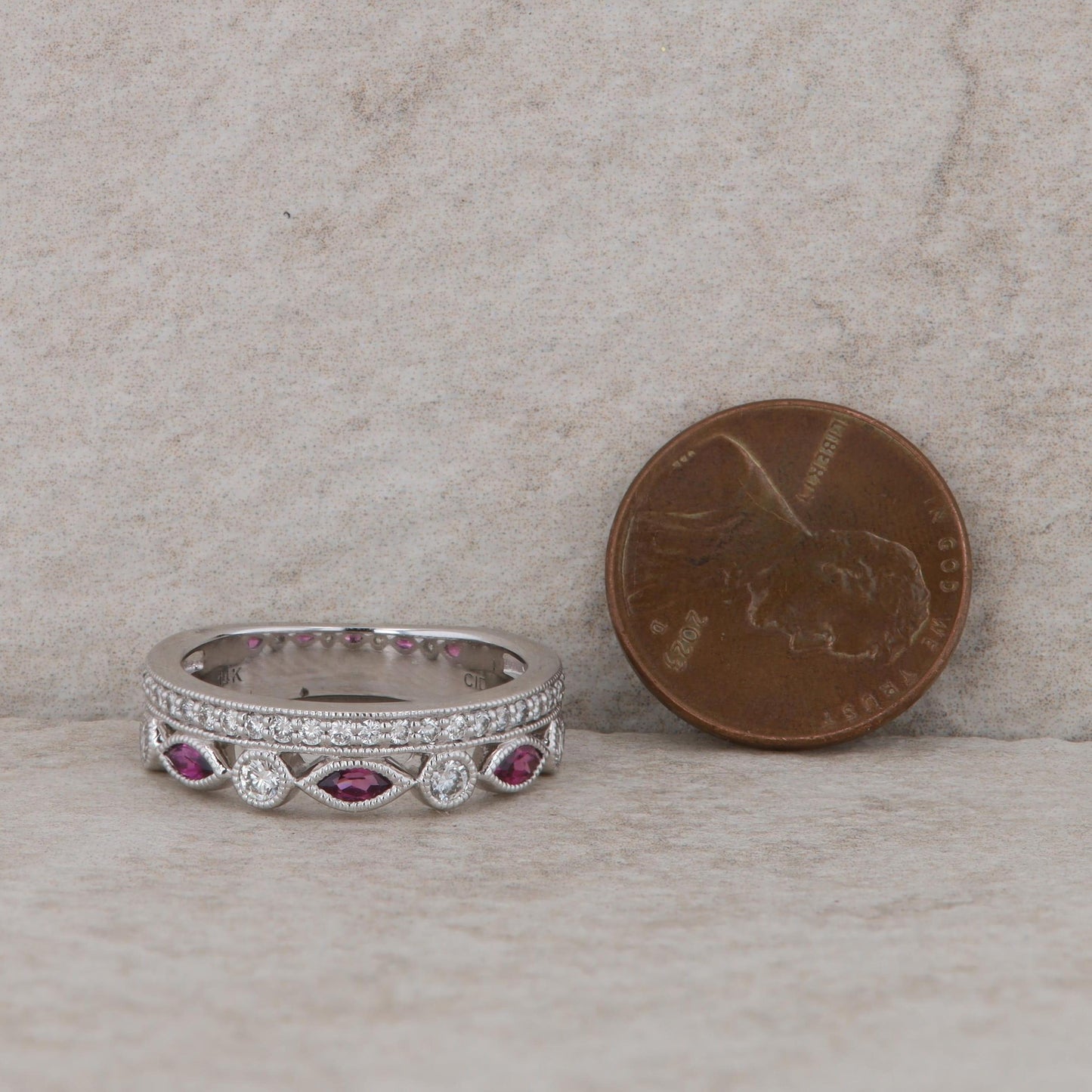 14k White Gold Diamond and Garnet Stackable Look Band