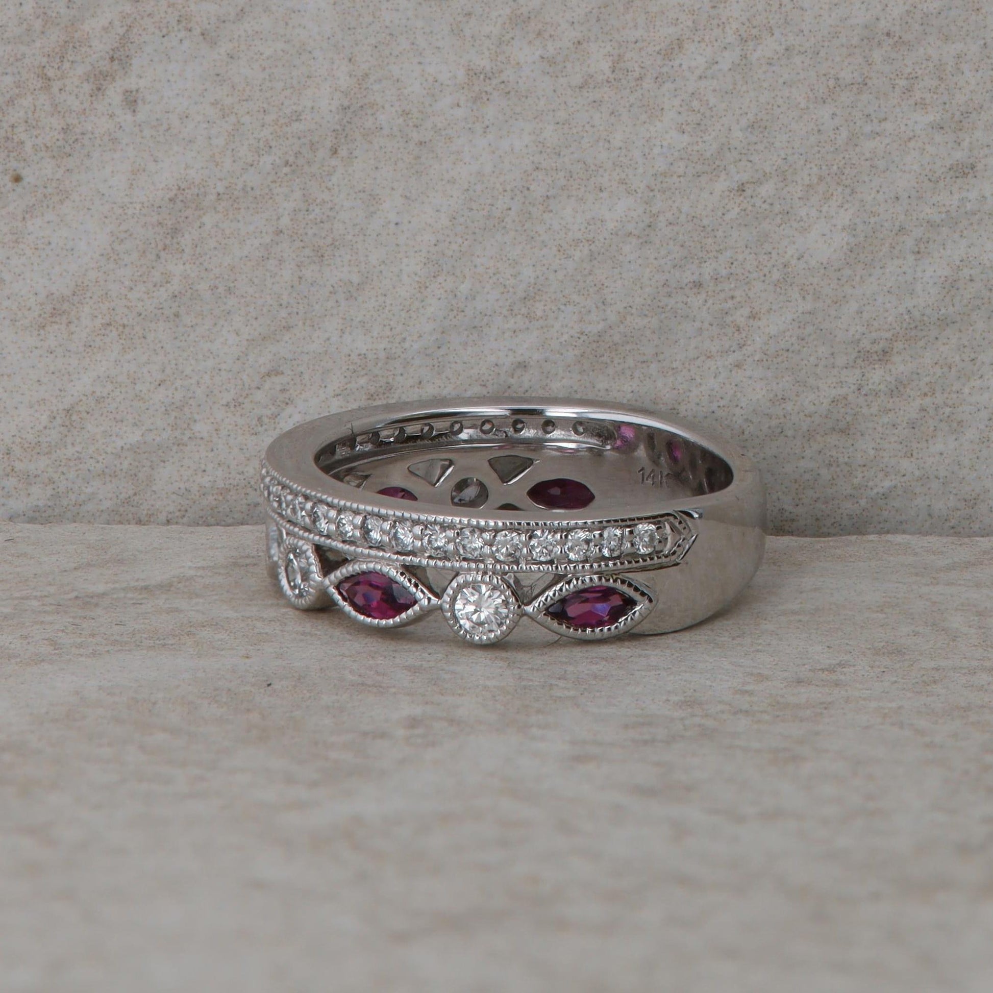 14k White Gold Diamond and Garnet Stackable Look Band