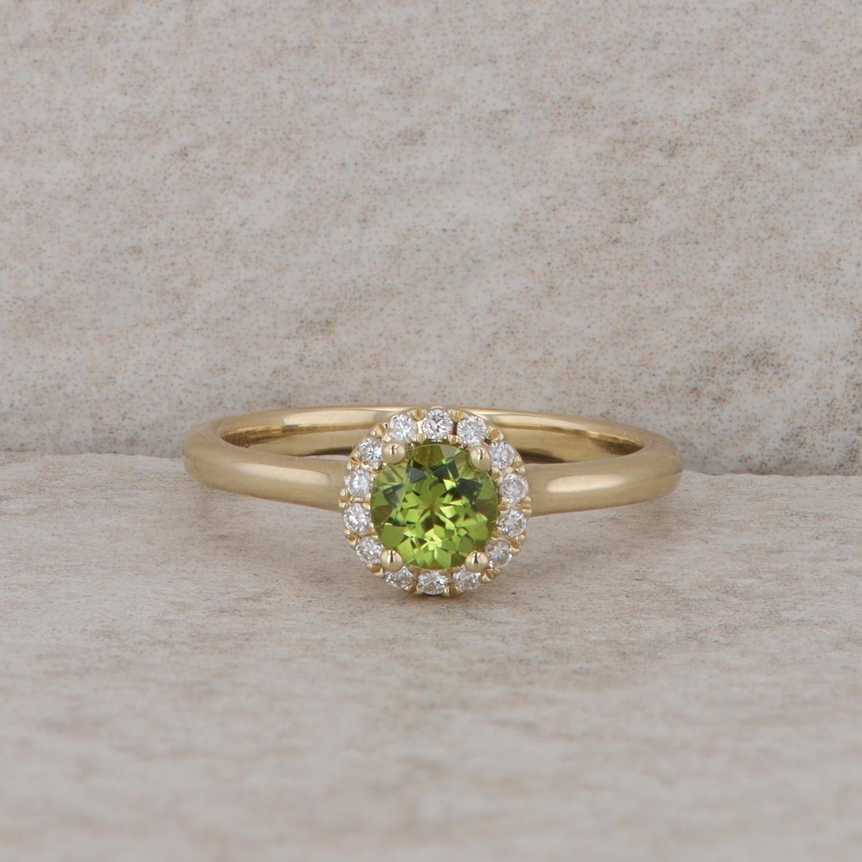 14k Yellow Gold Diamond Halo and Peridot Ring