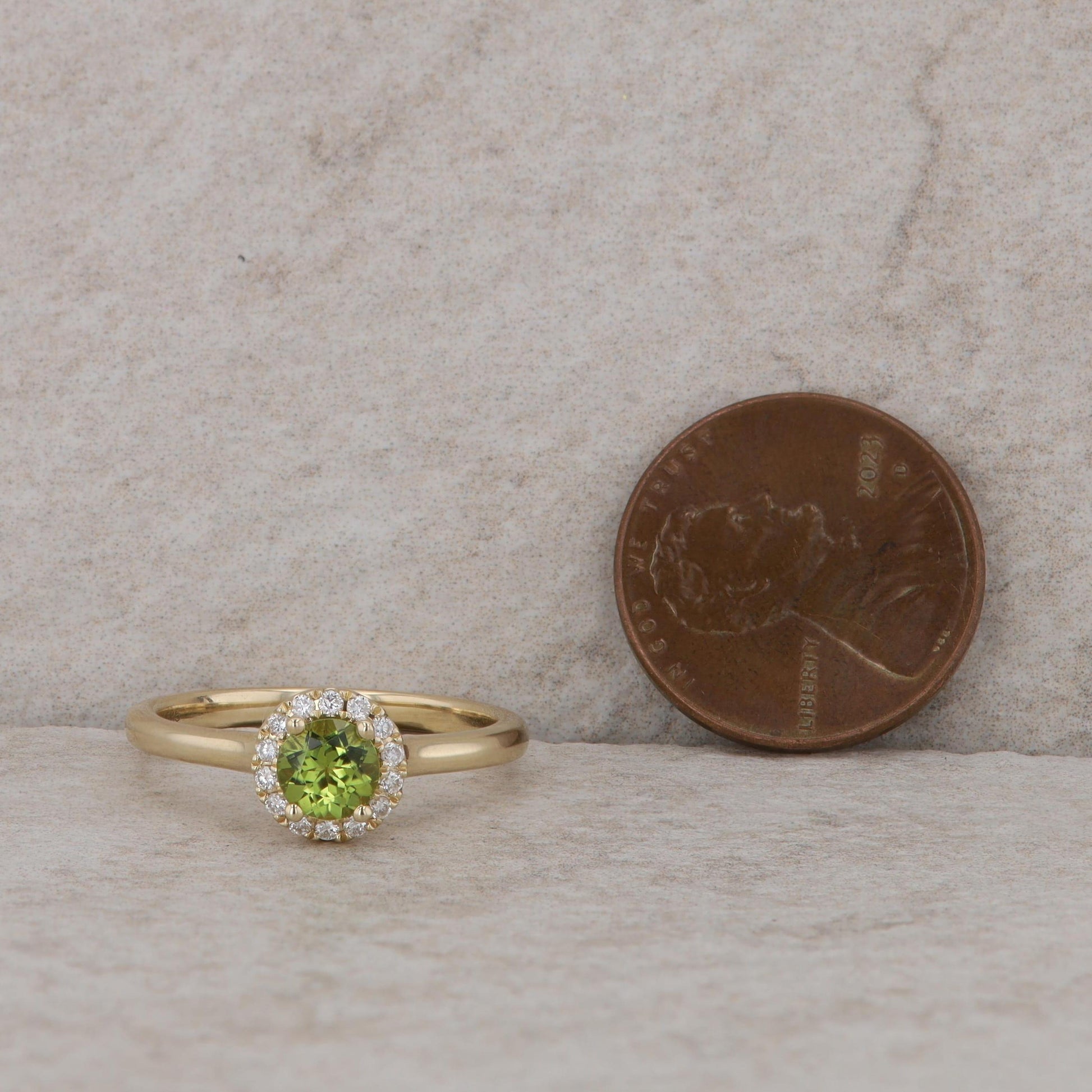 14k Yellow Gold Diamond Halo and Peridot Ring