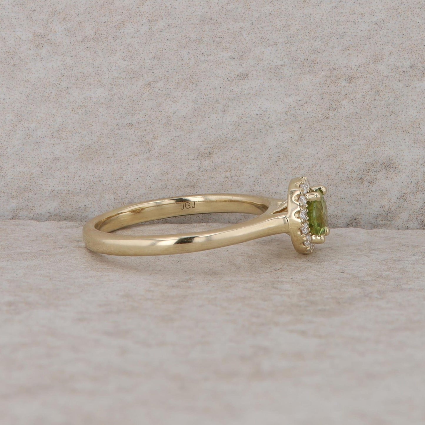 14k Yellow Gold Diamond Halo and Peridot Ring