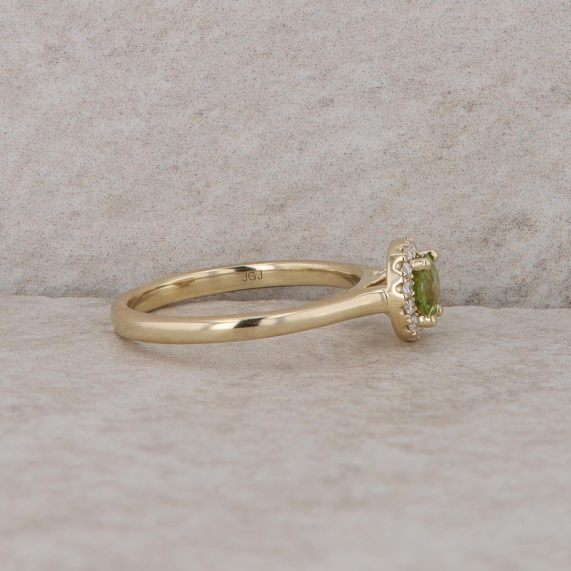 14k Yellow Gold Diamond Halo and Peridot Ring