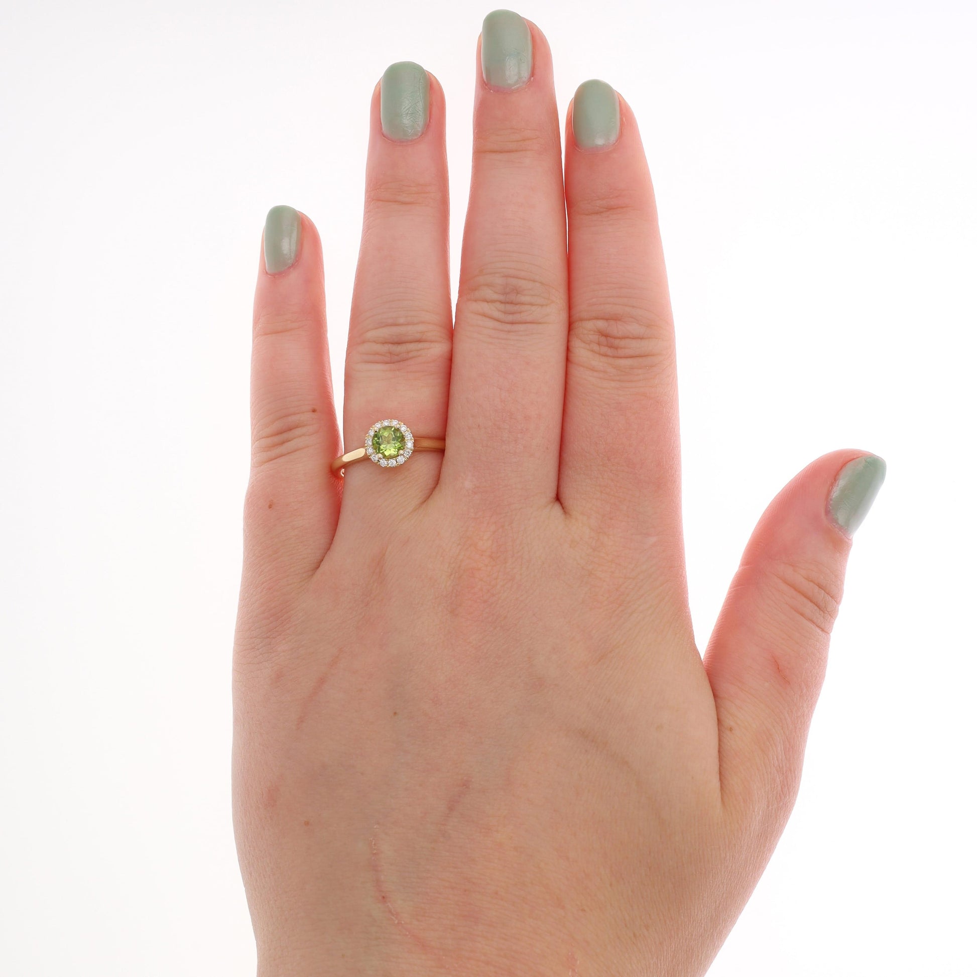 14k Yellow Gold Diamond Halo and Peridot Ring