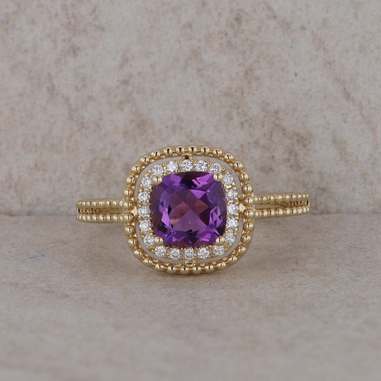 14k Yellow Gold Diamond Halo with Cushion Amethyst Ring