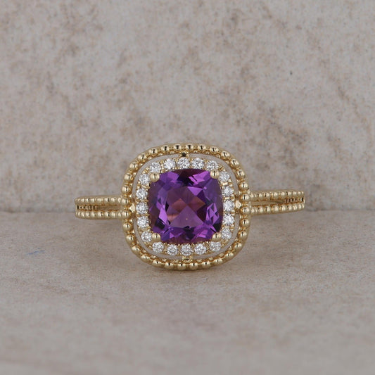 14k Yellow Gold Diamond Halo with Cushion Amethyst Ring