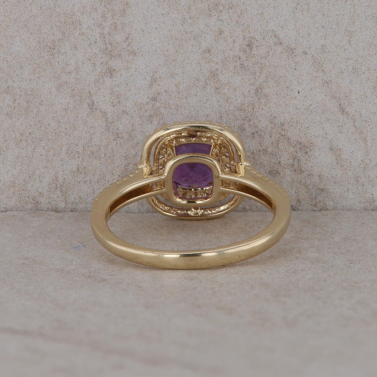 14k Yellow Gold Diamond Halo with Cushion Amethyst Ring