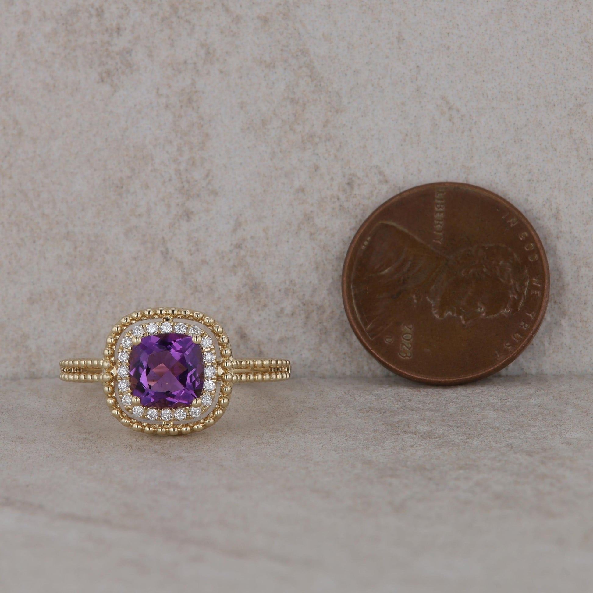 14k Yellow Gold Diamond Halo with Cushion Amethyst Ring