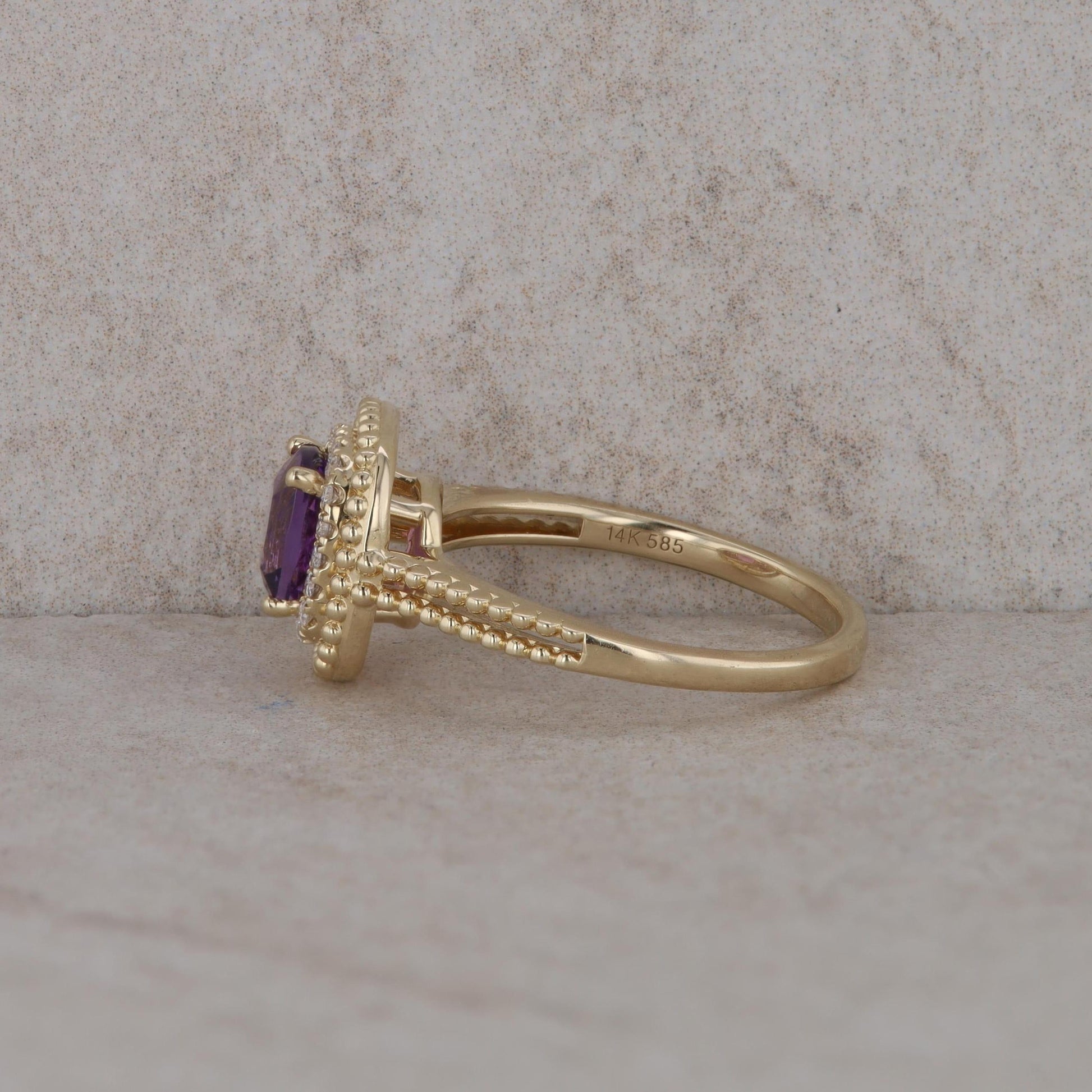 14k Yellow Gold Diamond Halo with Cushion Amethyst Ring