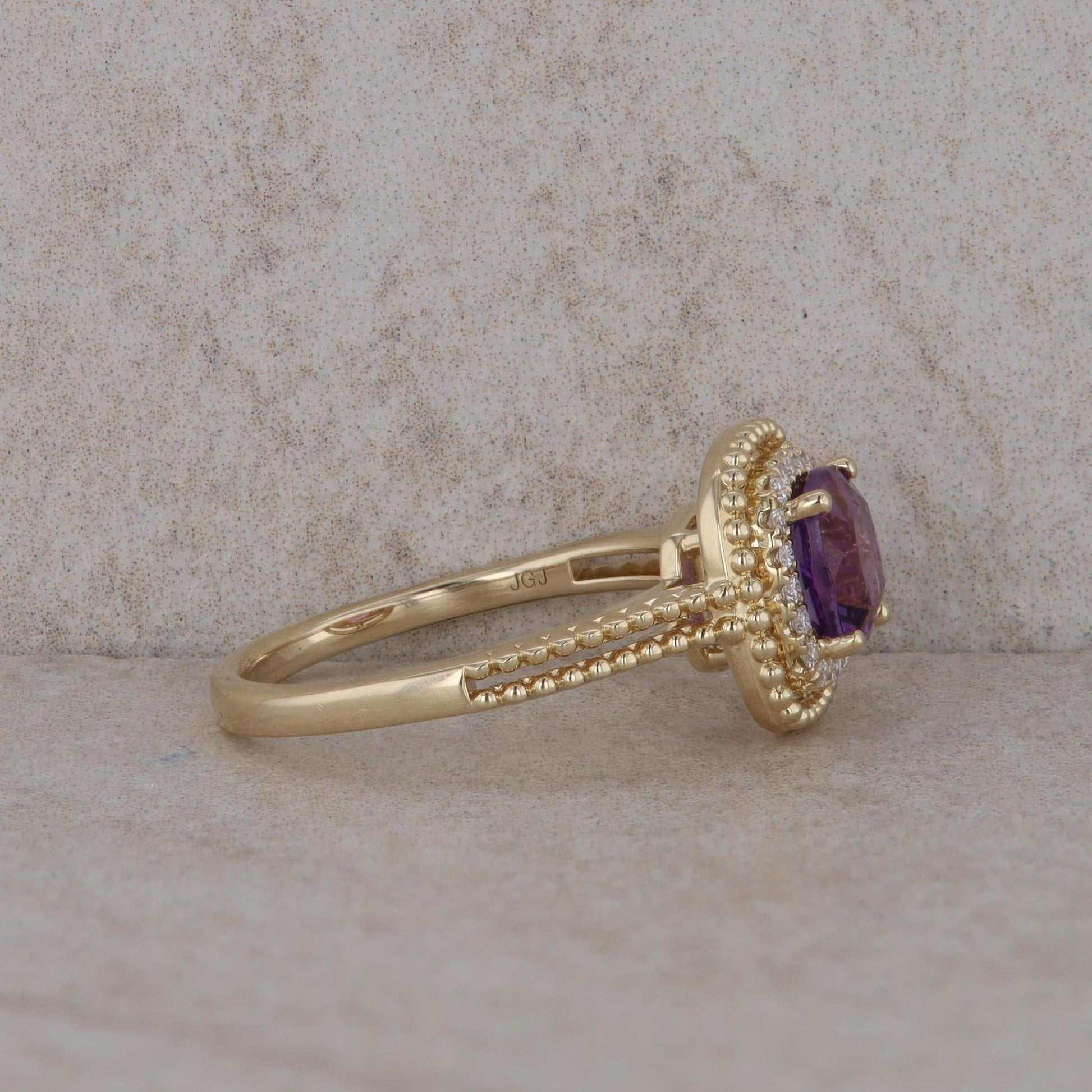 14k Yellow Gold Diamond Halo with Cushion Amethyst Ring