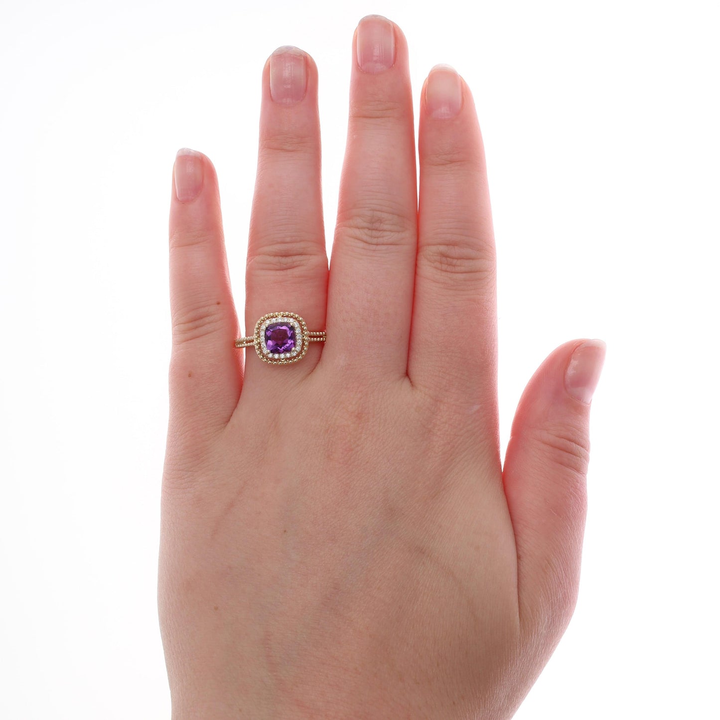 14k Yellow Gold Diamond Halo with Cushion Amethyst Ring