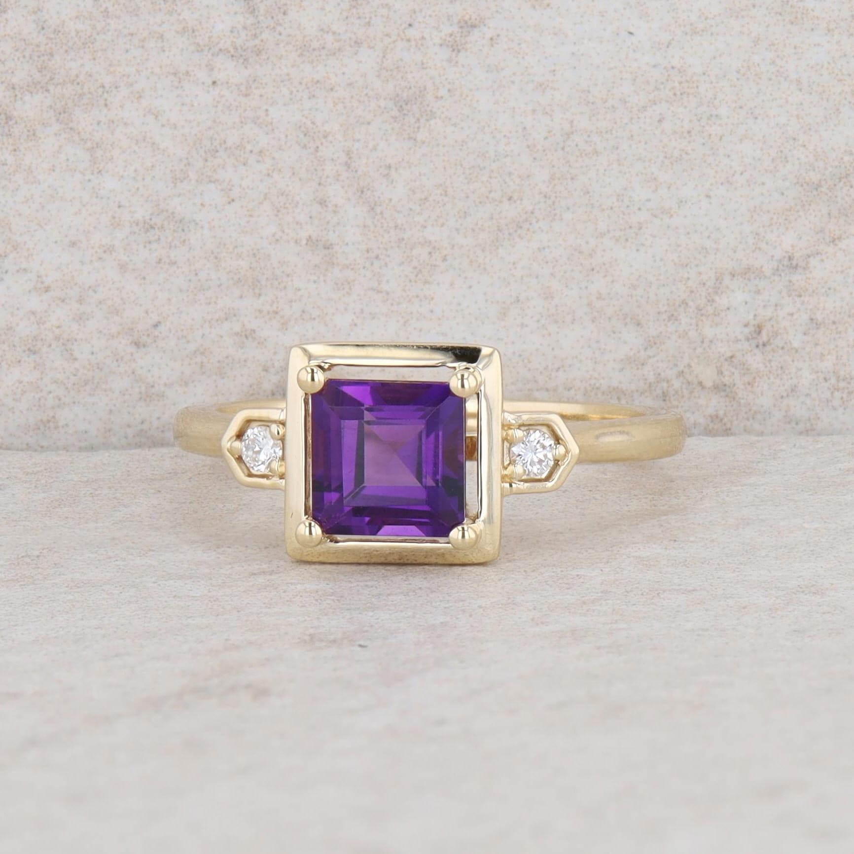 14k Yellow Gold Diamond and Amethyst Princess Cut Ring