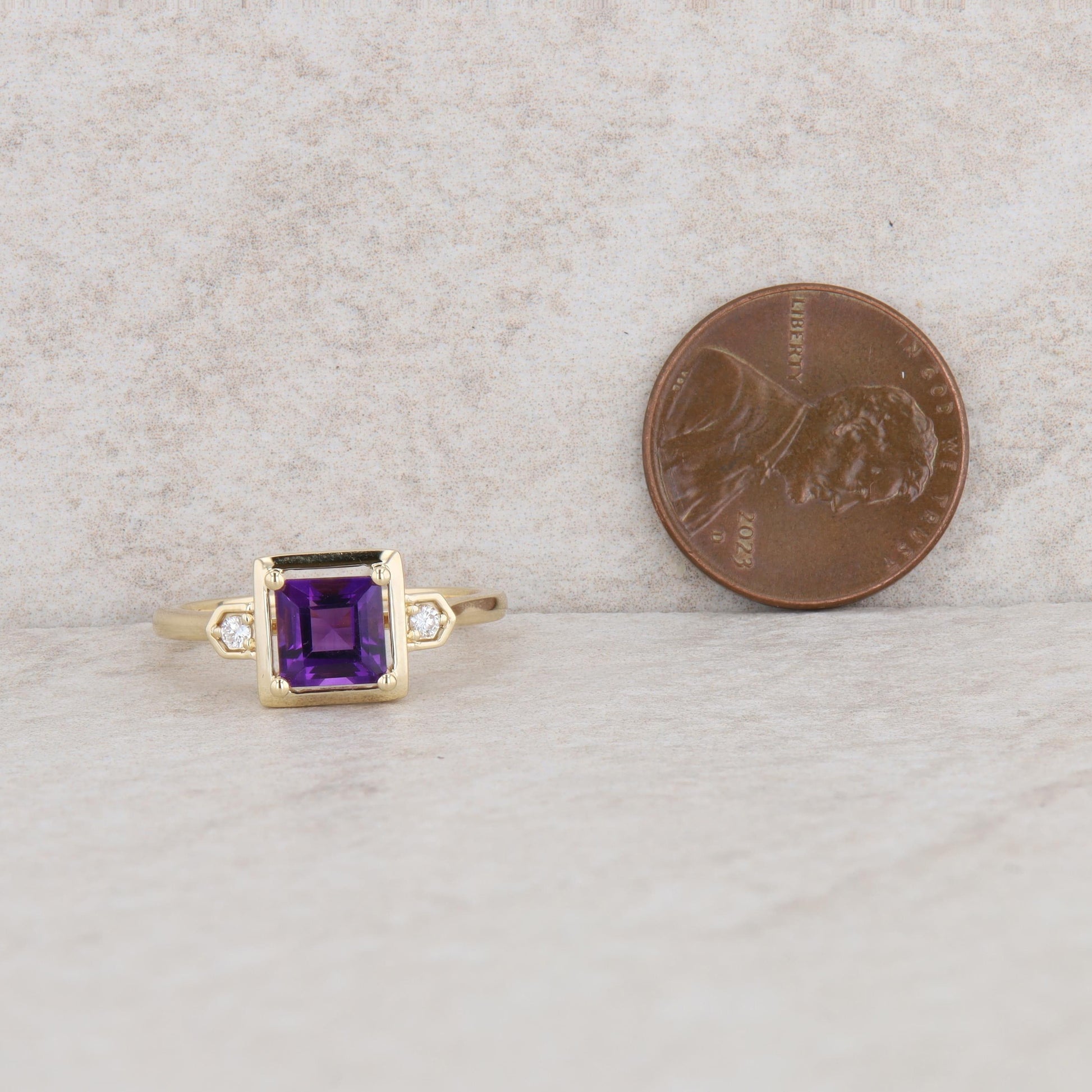 14k Yellow Gold Diamond and Amethyst Princess Cut Ring