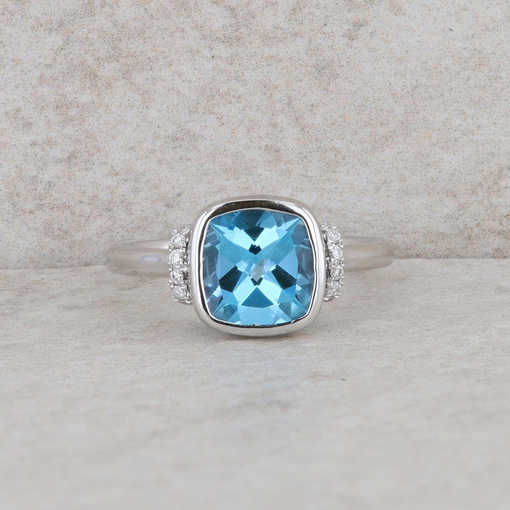 14k White Gold Cushion Blue Topaz and Diamond Ring