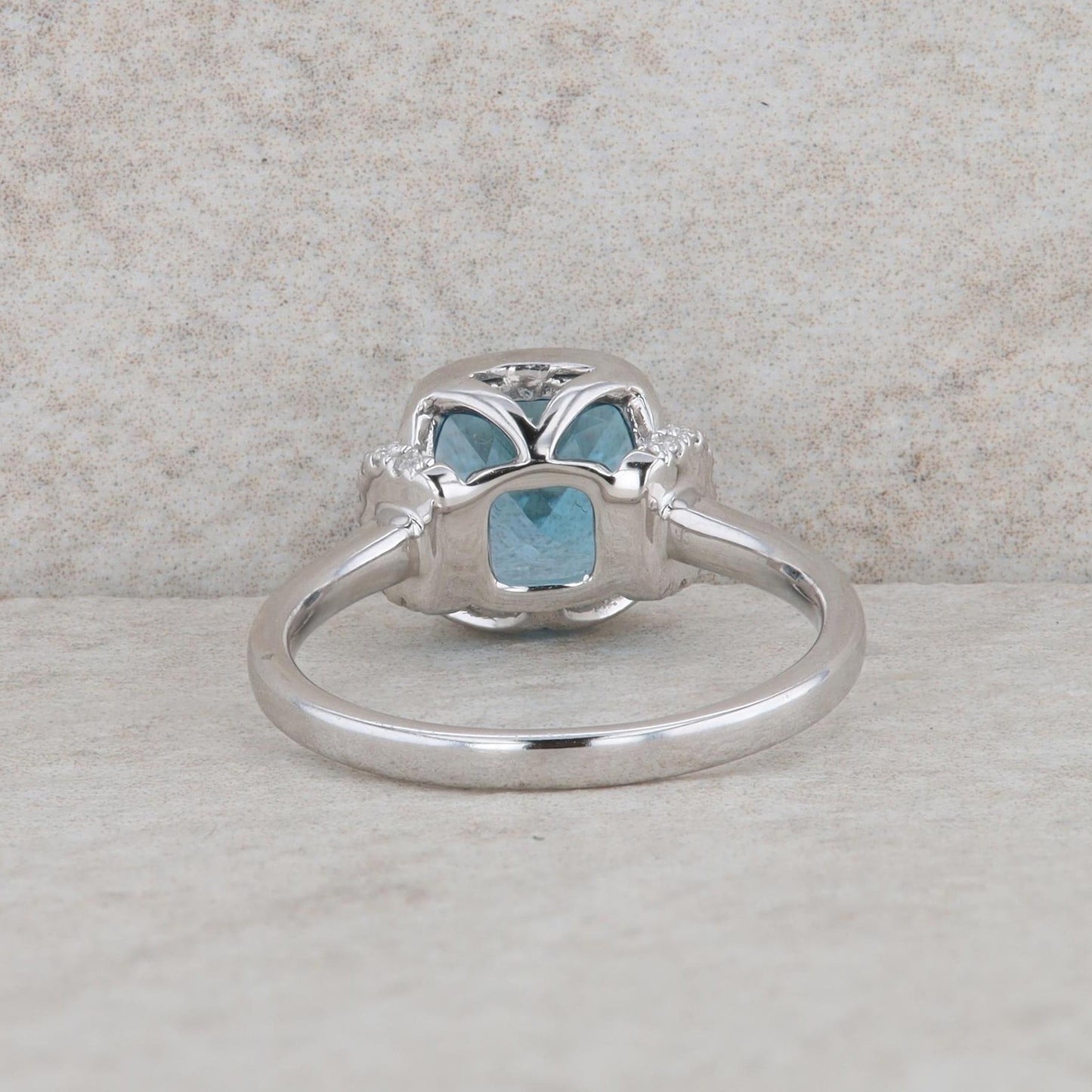 14k White Gold Cushion Blue Topaz and Diamond Ring