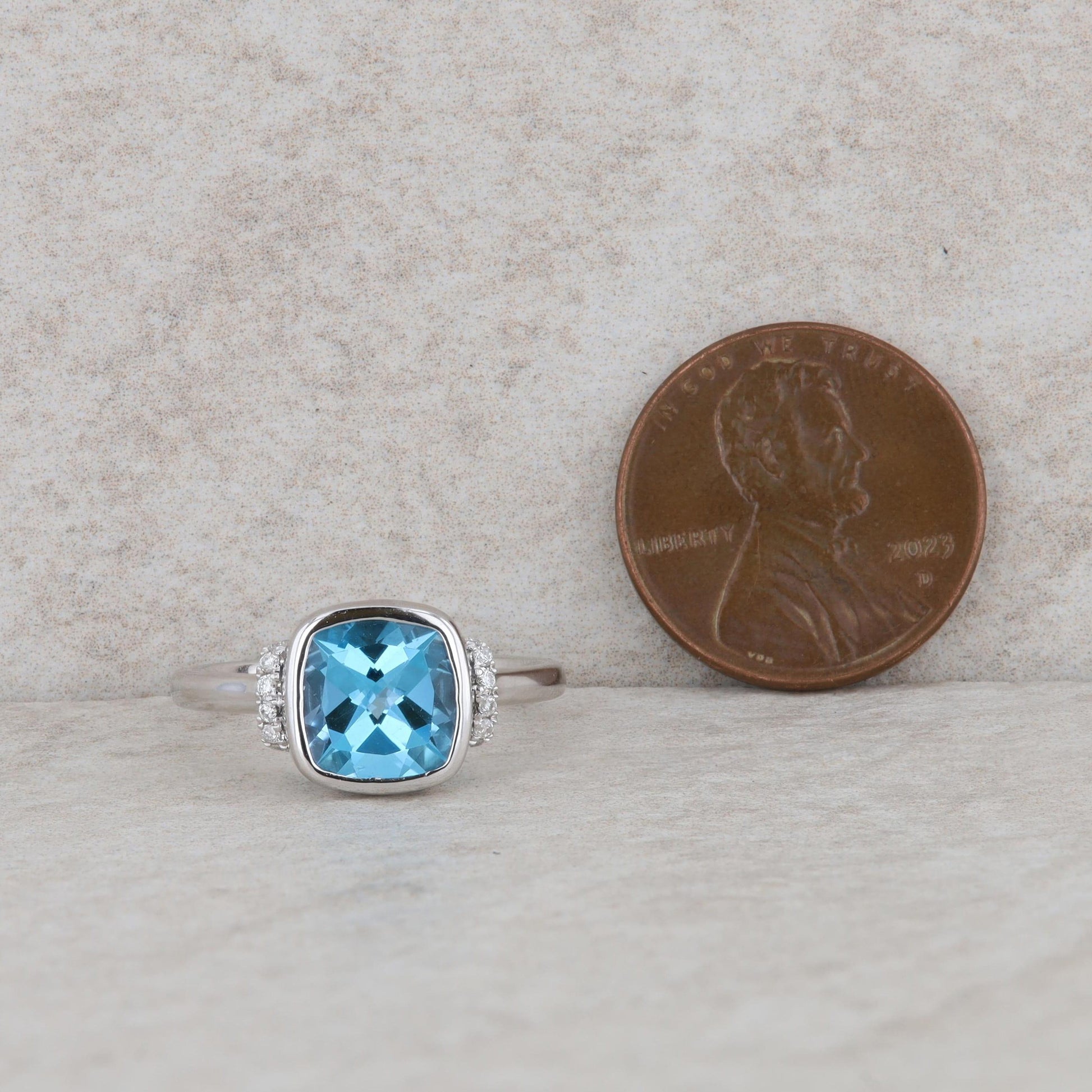 14k White Gold Cushion Blue Topaz and Diamond Ring